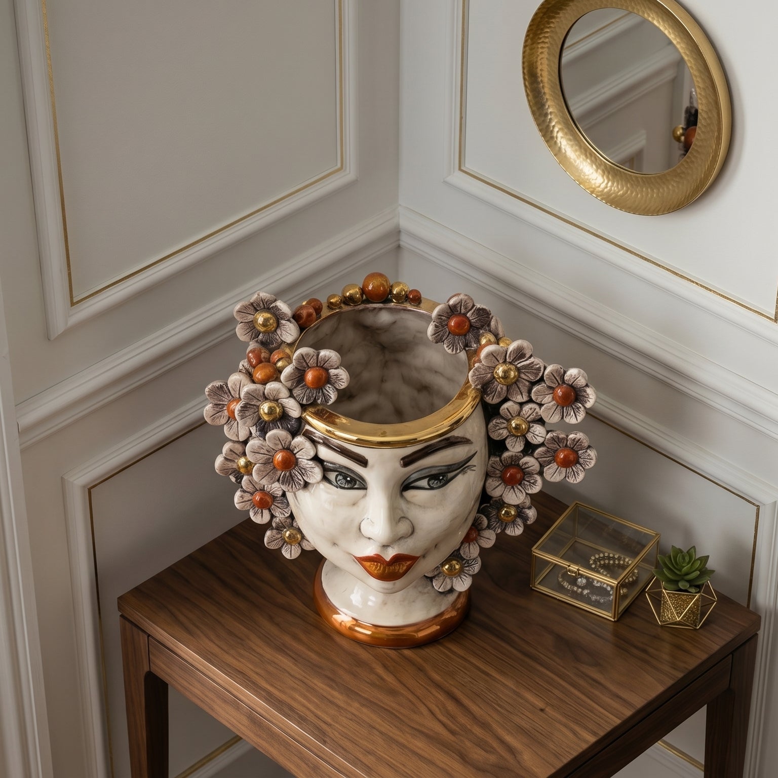 Head h 20 w/flowers w/expression mother of pearl gold and lustres female