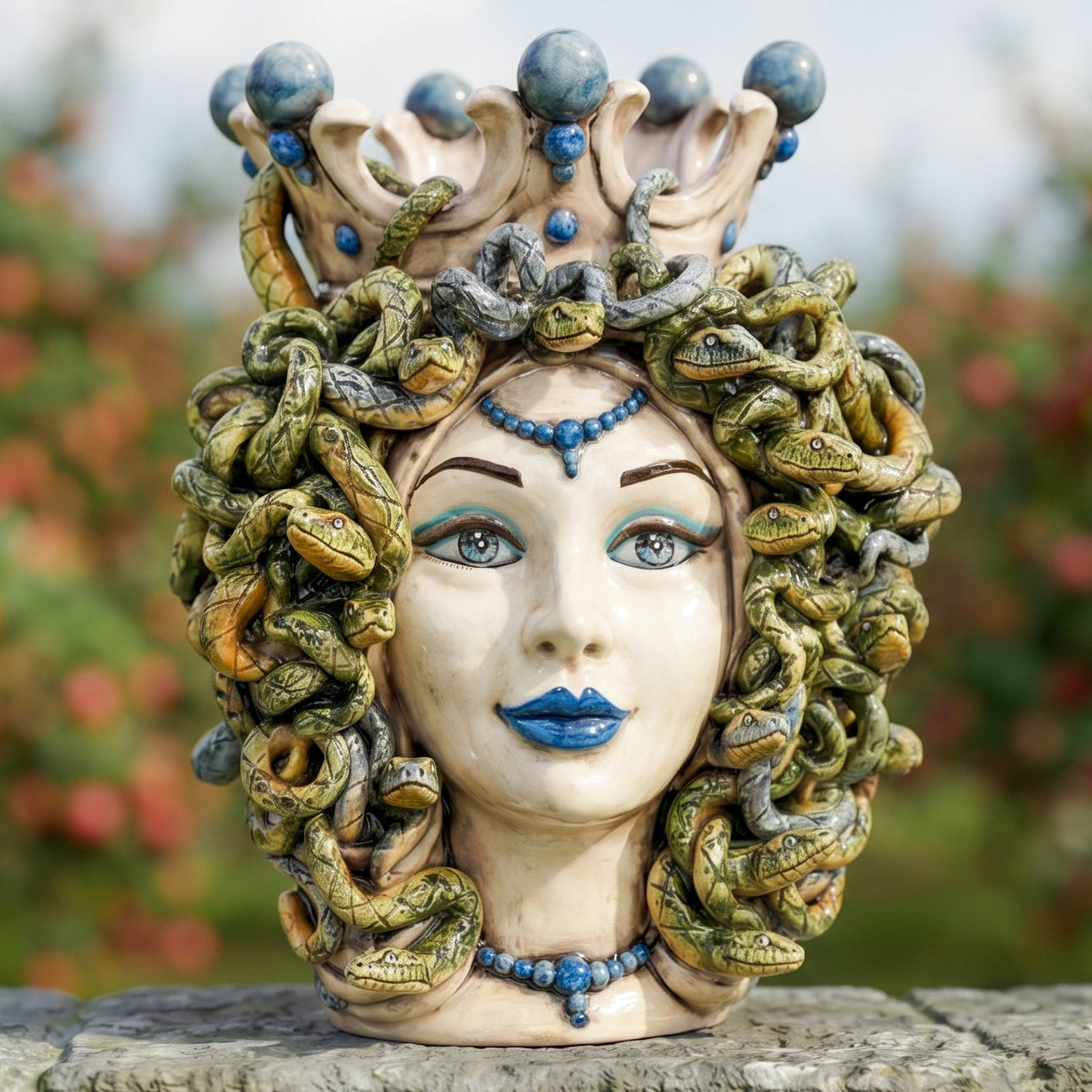 Medusa Head Vase H 38 cm / 15", Antique Mother of Pearl – Testa di Moro from Caltagirone, Sicily