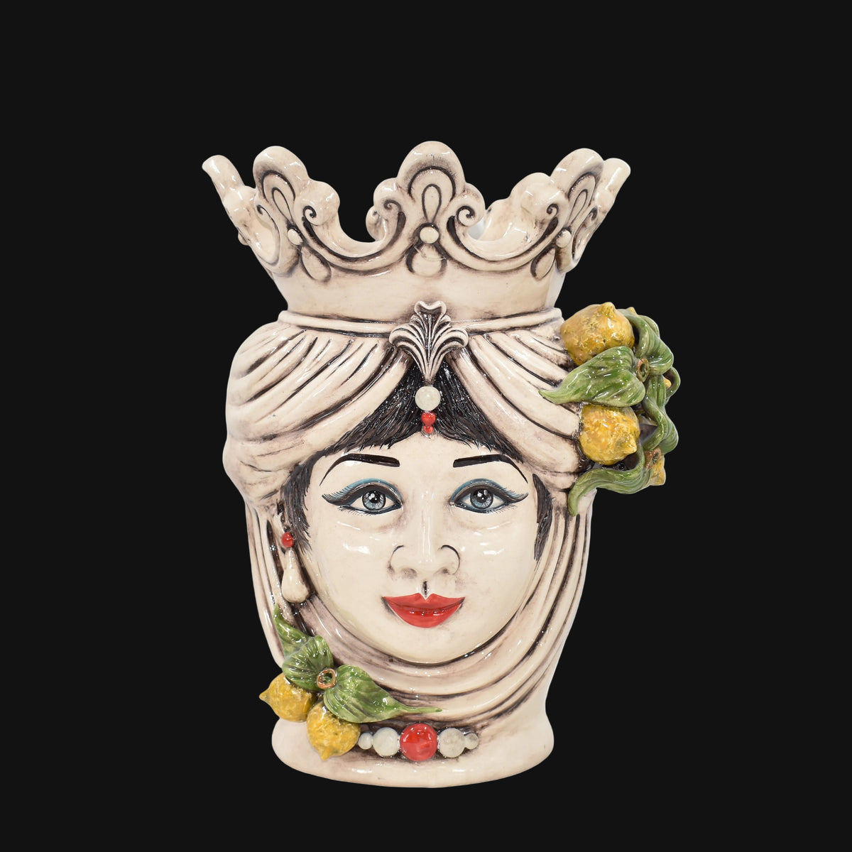 Tête de Maure aux Citrons H 40 cm – Femme, Nacre Colorée – Testa di Moro de Caltagirone, Sicile