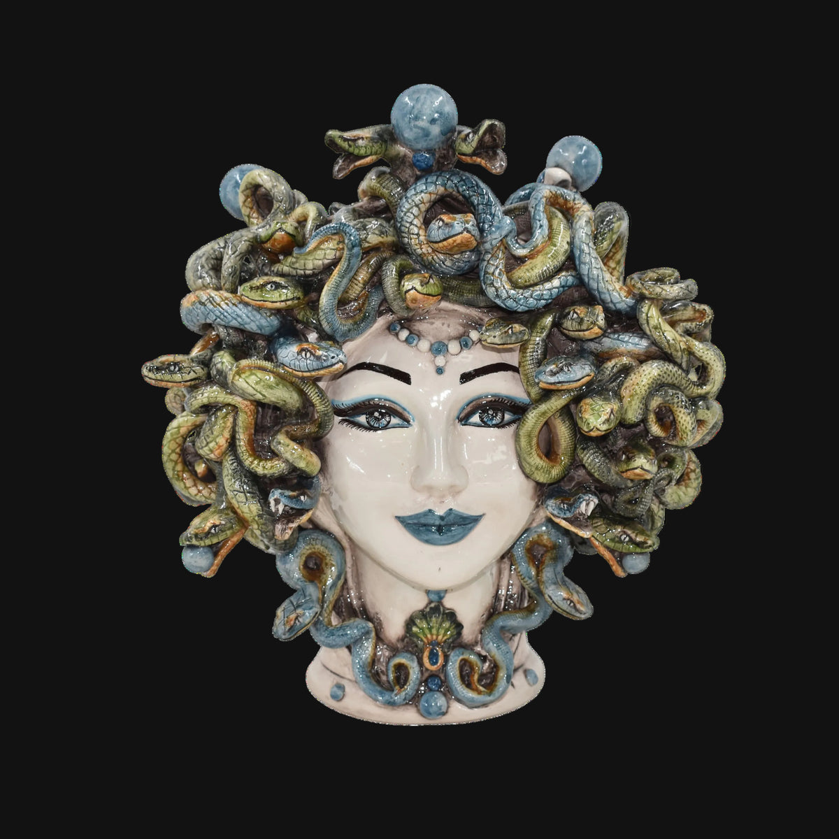 Medusa Head Vase with Blue Beads H 30 cm / 11.8", Antique Mother of Pearl – Testa di Moro from Caltagirone, Sicily