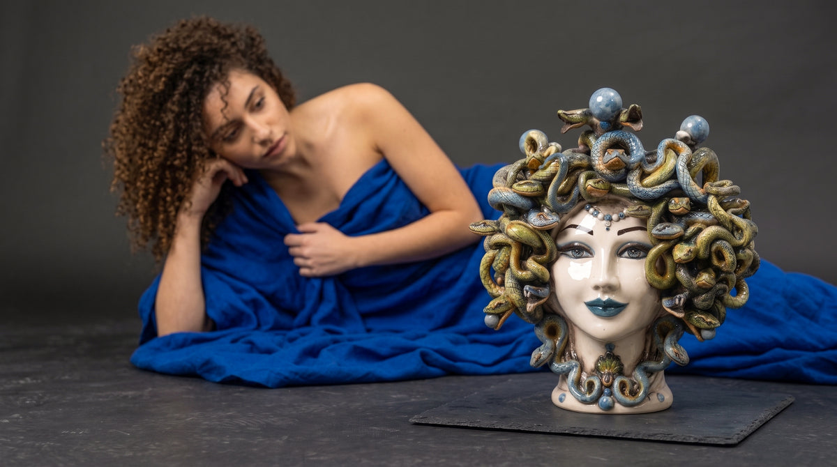 Medusa Head Vase with Blue Beads H 30 cm / 11.8", Antique Mother of Pearl – Testa di Moro from Caltagirone, Sicily