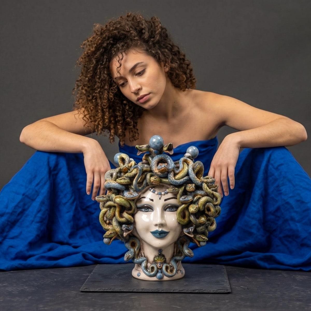 Medusa Head Vase with Blue Beads H 30 cm / 11.8", Antique Mother of Pearl – Testa di Moro from Caltagirone, Sicily