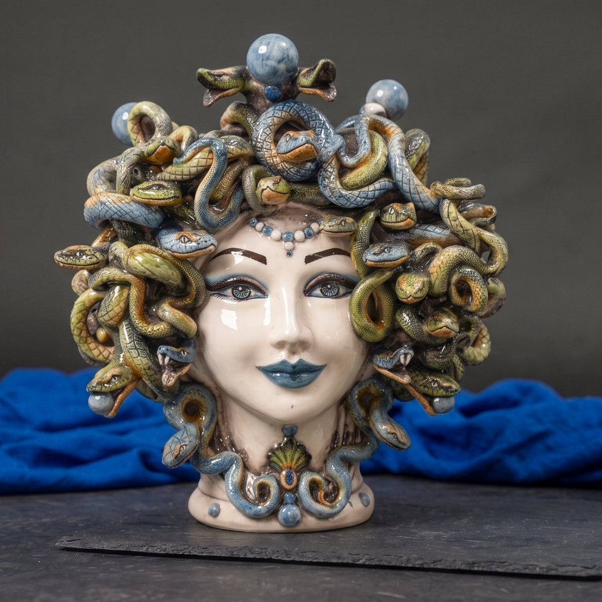 Medusa Head Vase with Blue Beads H 30 cm / 11.8", Antique Mother of Pearl – Testa di Moro from Caltagirone, Sicily