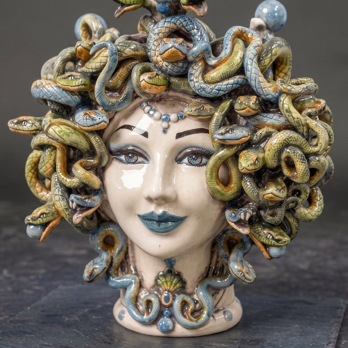 Medusa Head Vase with Blue Beads H 30 cm / 11.8", Antique Mother of Pearl – Testa di Moro from Caltagirone, Sicily
