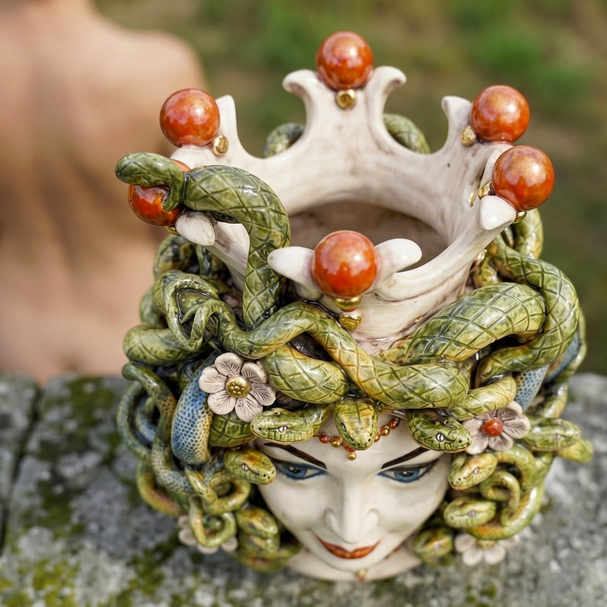 Medusa Head Vase with Flowers H 38 cm / 15", Antique Mother of Pearl, Gold and Lustres – Testa di Moro from Caltagirone, Sicily