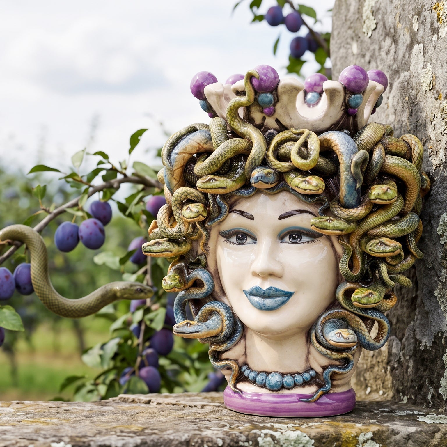 Testa di Moro Turbante Medusa H 25 cm / 9¾" — Nácar con Cuentas Glicina | Cerámica Siciliana
