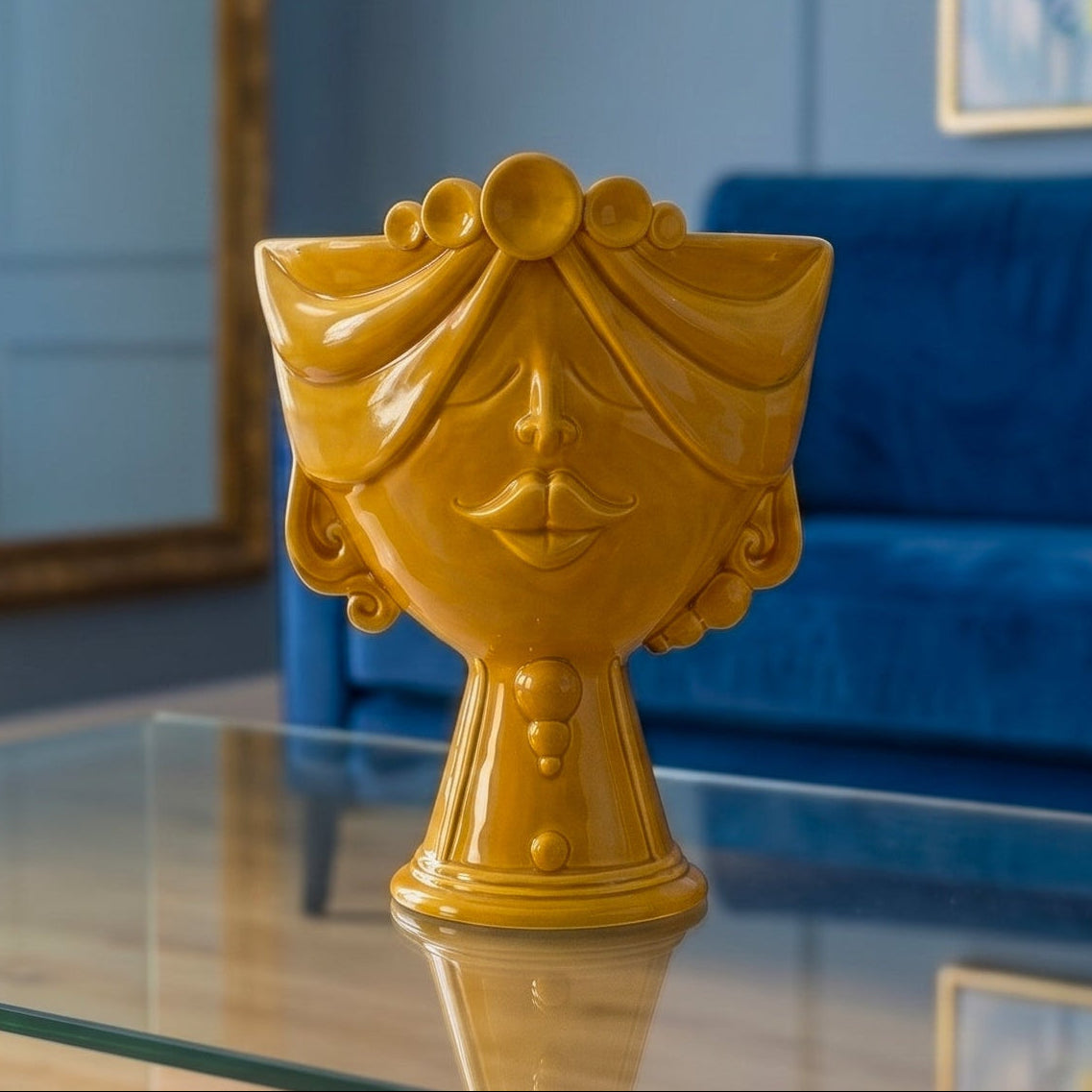 Tête de Maure Zahira H 30 cm – Femme, Moutarde – Céramique Caltagirone – tradition sicilienne