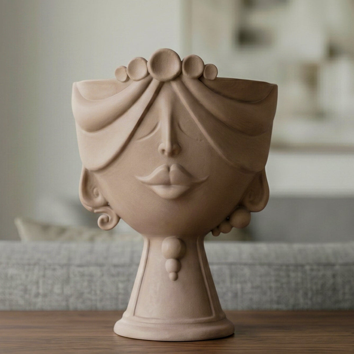 Tête de Maure Zahira H 30 cm – Femme, Taupe Mat – Céramique Caltagirone – tradition sicilienne