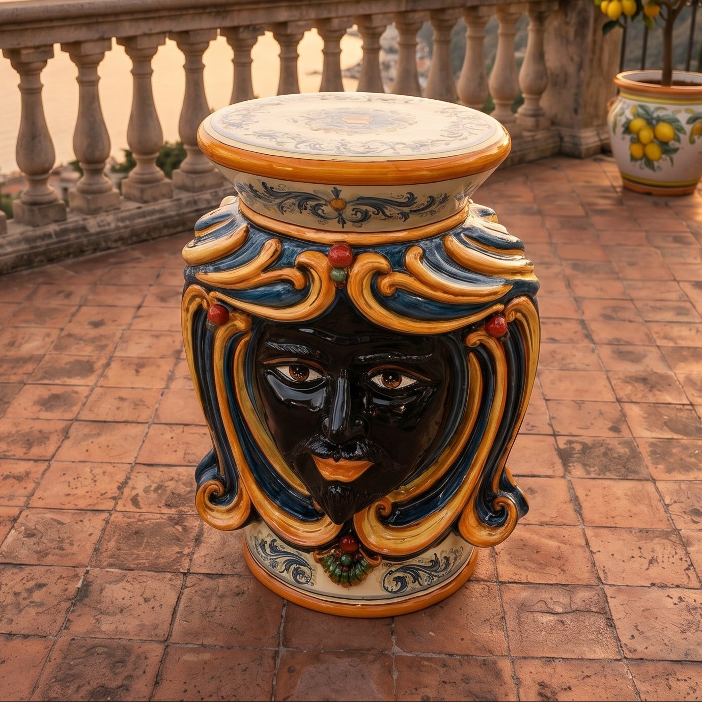 Puf Cerámica Siciliana, Azul y Naranja – Cerámica Caltagirone – tradición artesanal siciliana