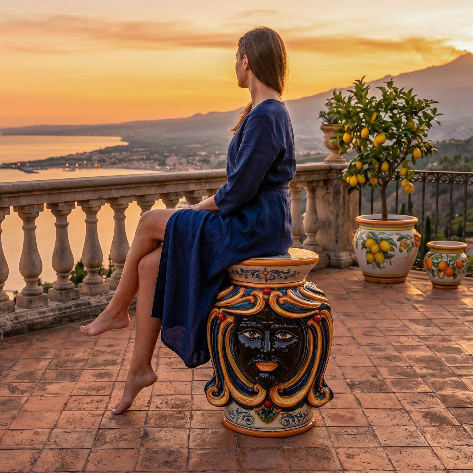 Puf Cerámica Siciliana, Azul y Naranja – Cerámica Caltagirone – tradición artesanal siciliana