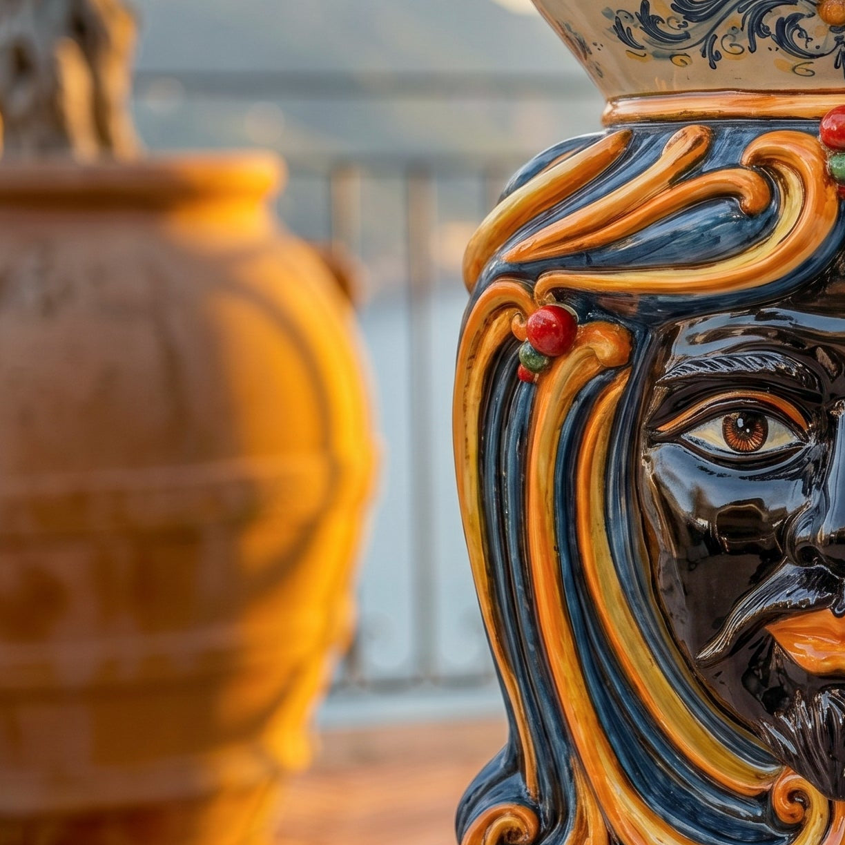Puf Cerámica Siciliana, Azul y Naranja – Cerámica Caltagirone – tradición artesanal siciliana