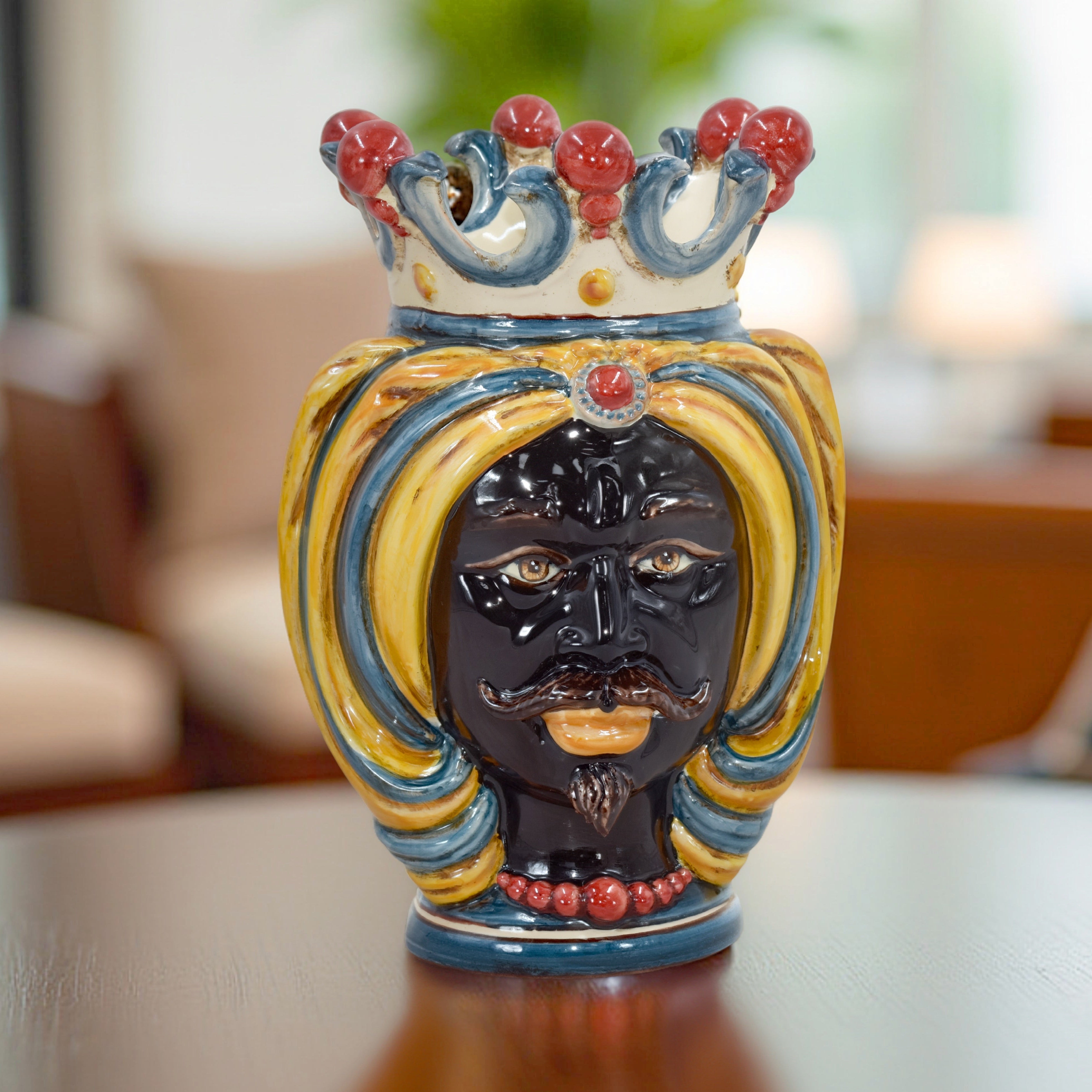 Head h 25 Blue/orange/red turban - Caltagirone Sofia ceramics