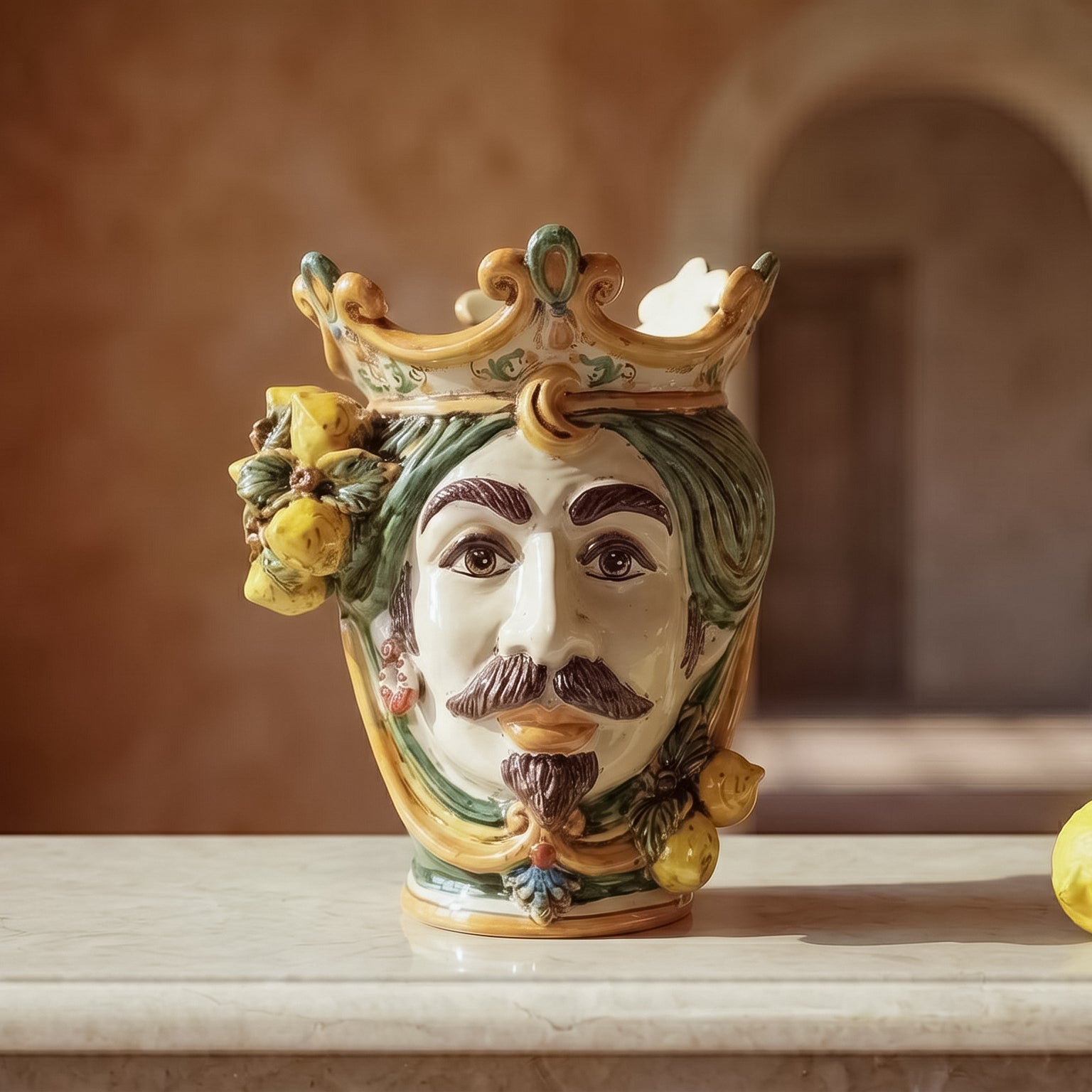 Sicilian Moor's Head with Lemons H 25 cm / 9.8", White Man, Green and Orange – Testa di Moro from Caltagirone, Sicily
