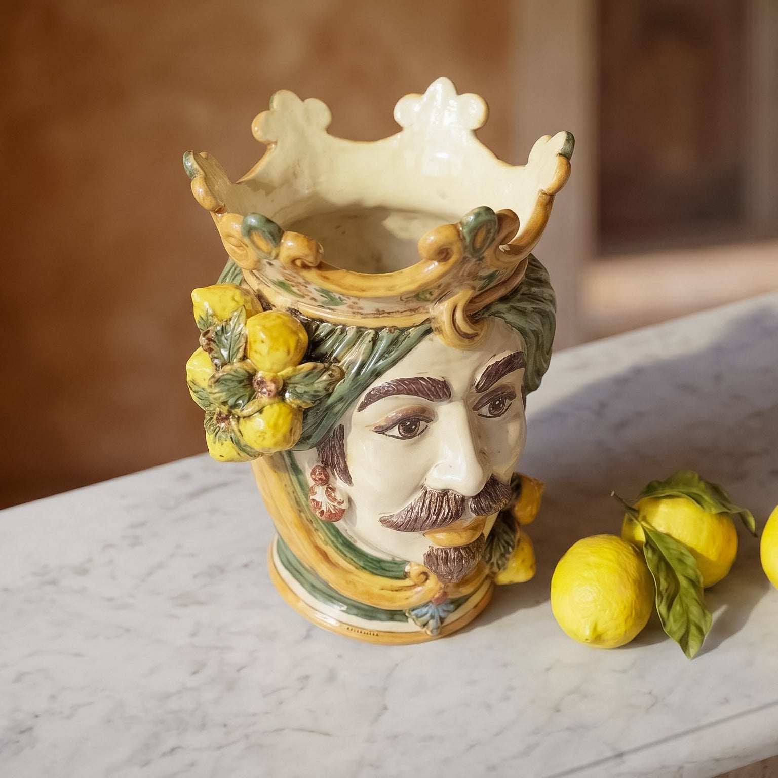 Sicilian Moor's Head with Lemons H 25 cm / 9.8", White Man, Green and Orange – Testa di Moro from Caltagirone, Sicily