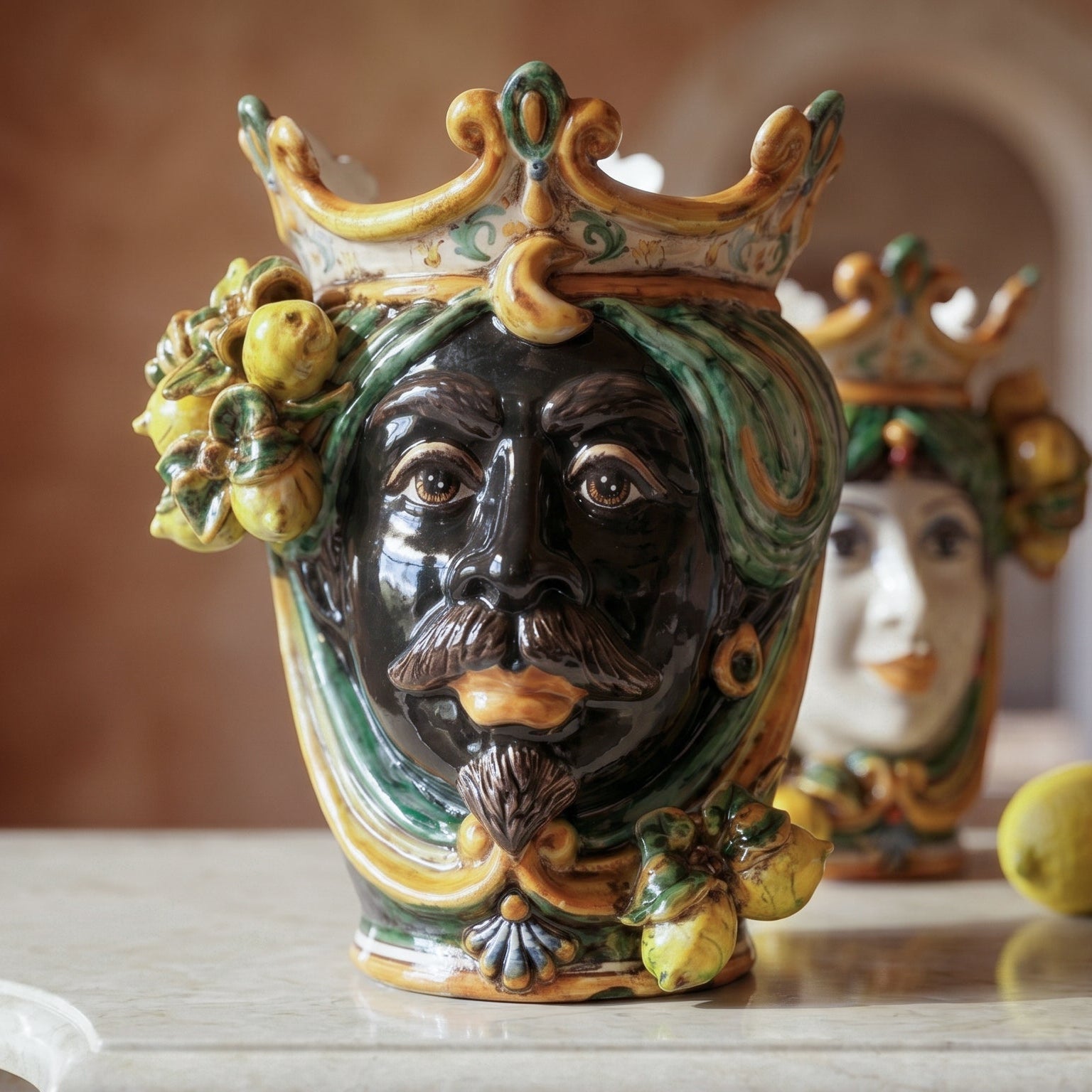 Sicilian Head Vase with Lemons H 25 cm / 9.8", Moro Man, Green and Orange – Testa di Moro from Caltagirone, Sicily