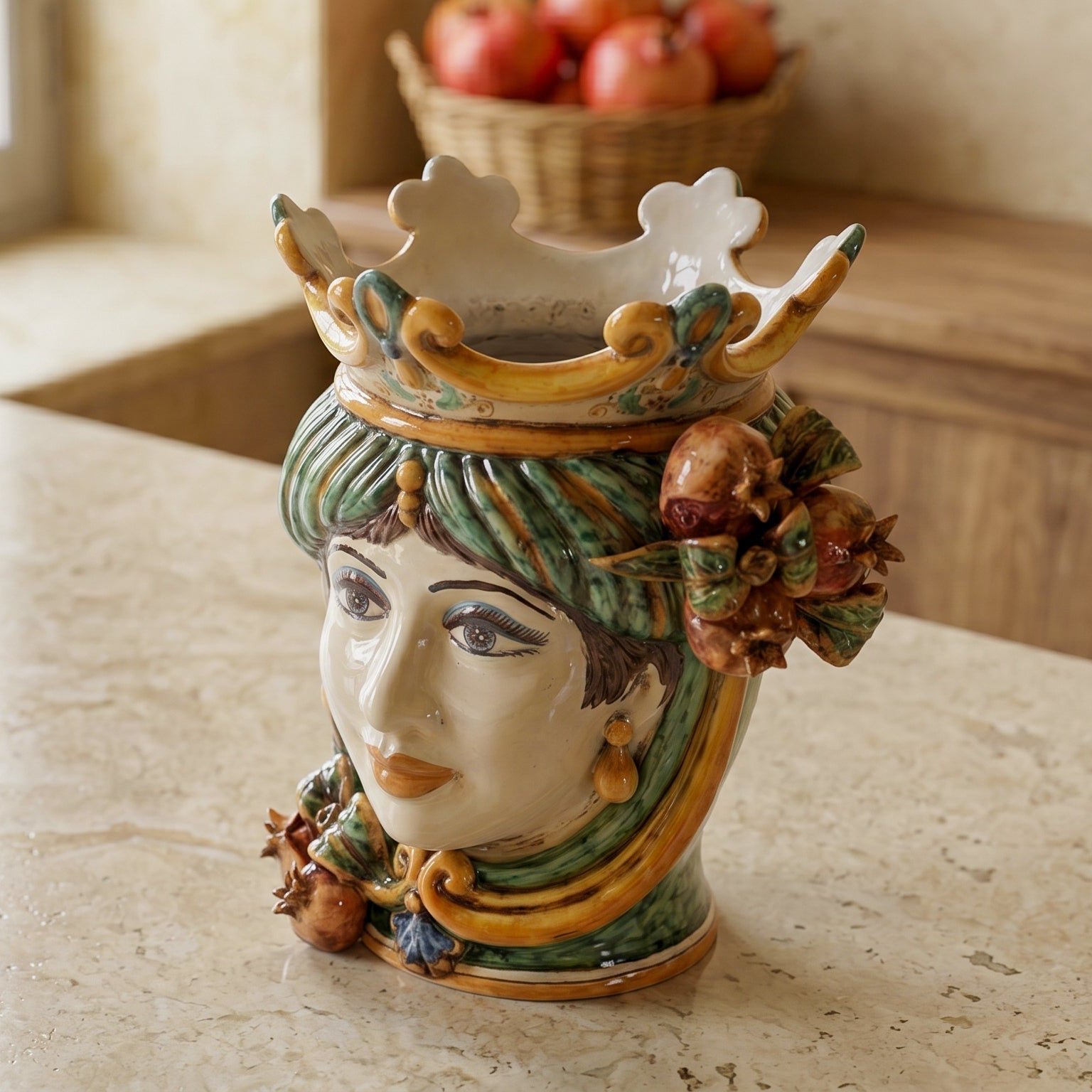 Sicilian Head Vase with Pomegranates H 25 cm / 9.8", Woman, Green and Orange – Testa di Moro from Caltagirone, Sicily