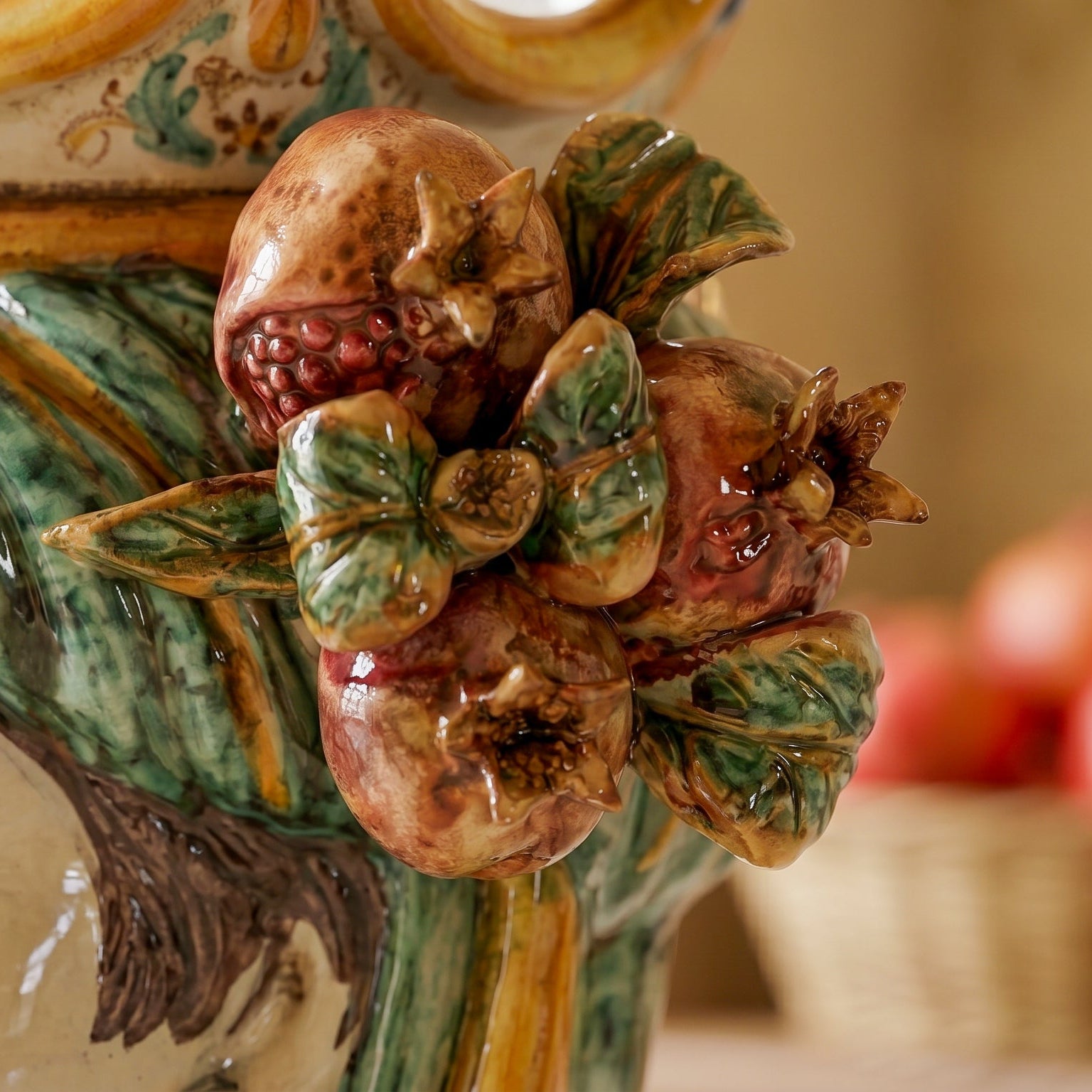 Sicilian Head Vase with Pomegranates H 25 cm / 9.8", Woman, Green and Orange – Testa di Moro from Caltagirone, Sicily