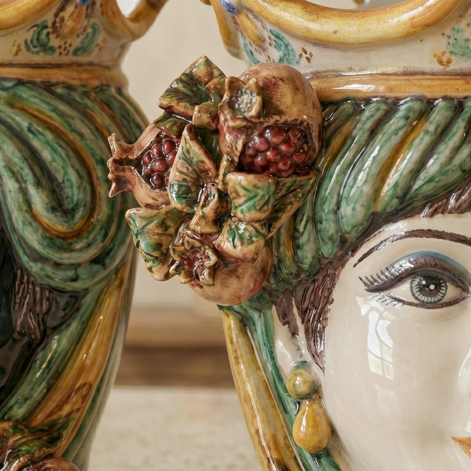 Sicilian Head Vase with Pomegranates H 25 cm / 9.8", Woman, Green and Orange – Testa di Moro from Caltagirone, Sicily