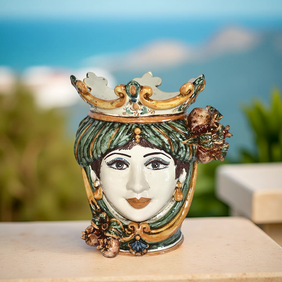 Ceramic Head with pomegranate h 25 green/orange female