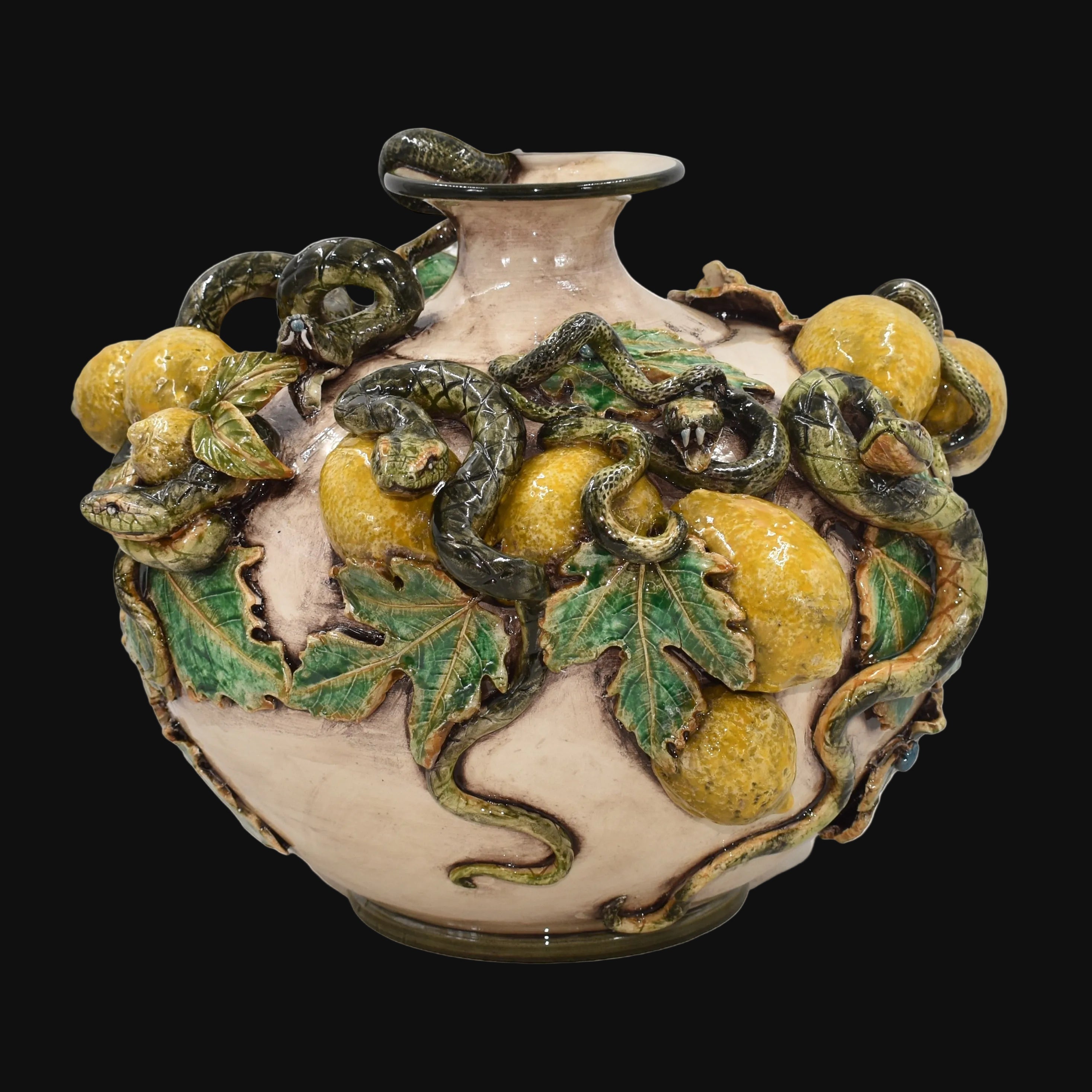 Caltagirone-Keramik Kugelvase mit Aufgesetzten Zitronen — Giardini-dell'Eden-Linie, Perlmutt
