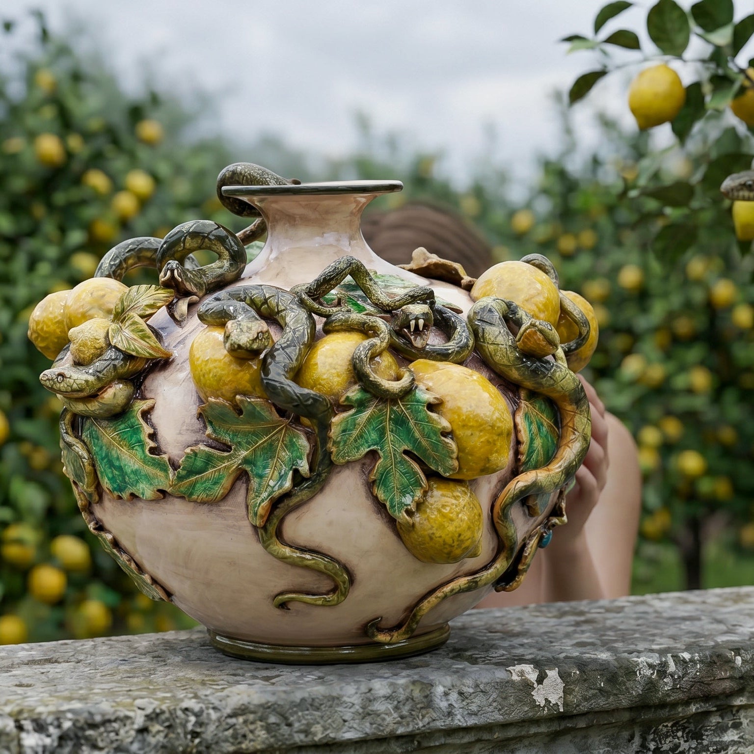 Caltagirone-Keramik Kugelvase mit Aufgesetzten Zitronen — Giardini-dell'Eden-Linie, Perlmutt