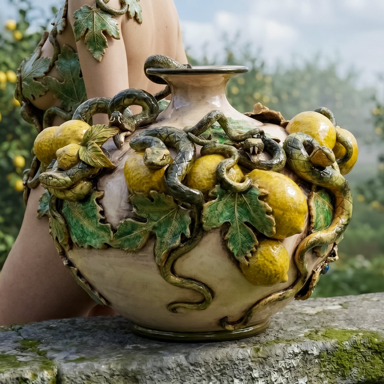 Caltagirone-Keramik Kugelvase mit Aufgesetzten Zitronen — Giardini-dell'Eden-Linie, Perlmutt