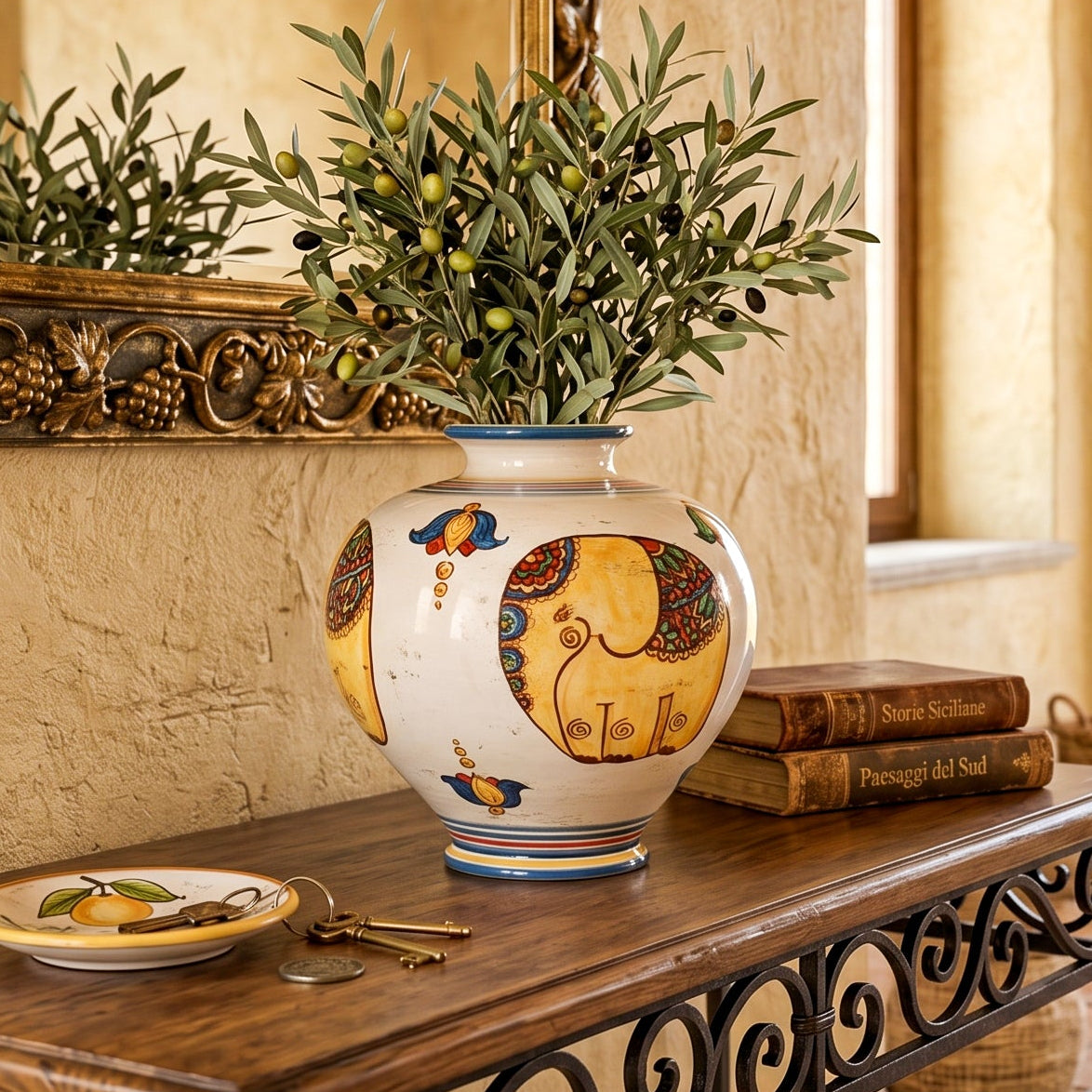 Kugelvase H 25 cm / 9¾" aus Caltagirone-Keramik — Elefanten-Dekor