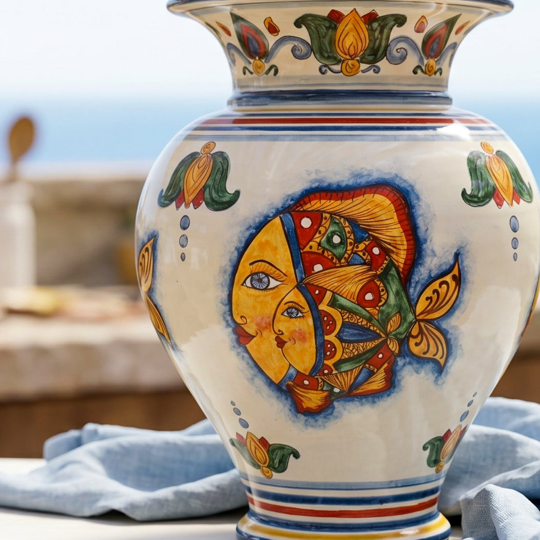 Vase Sicilien en Céramique H 30 cm – Décor Poissons | Majolique sicilienne de Caltagirone