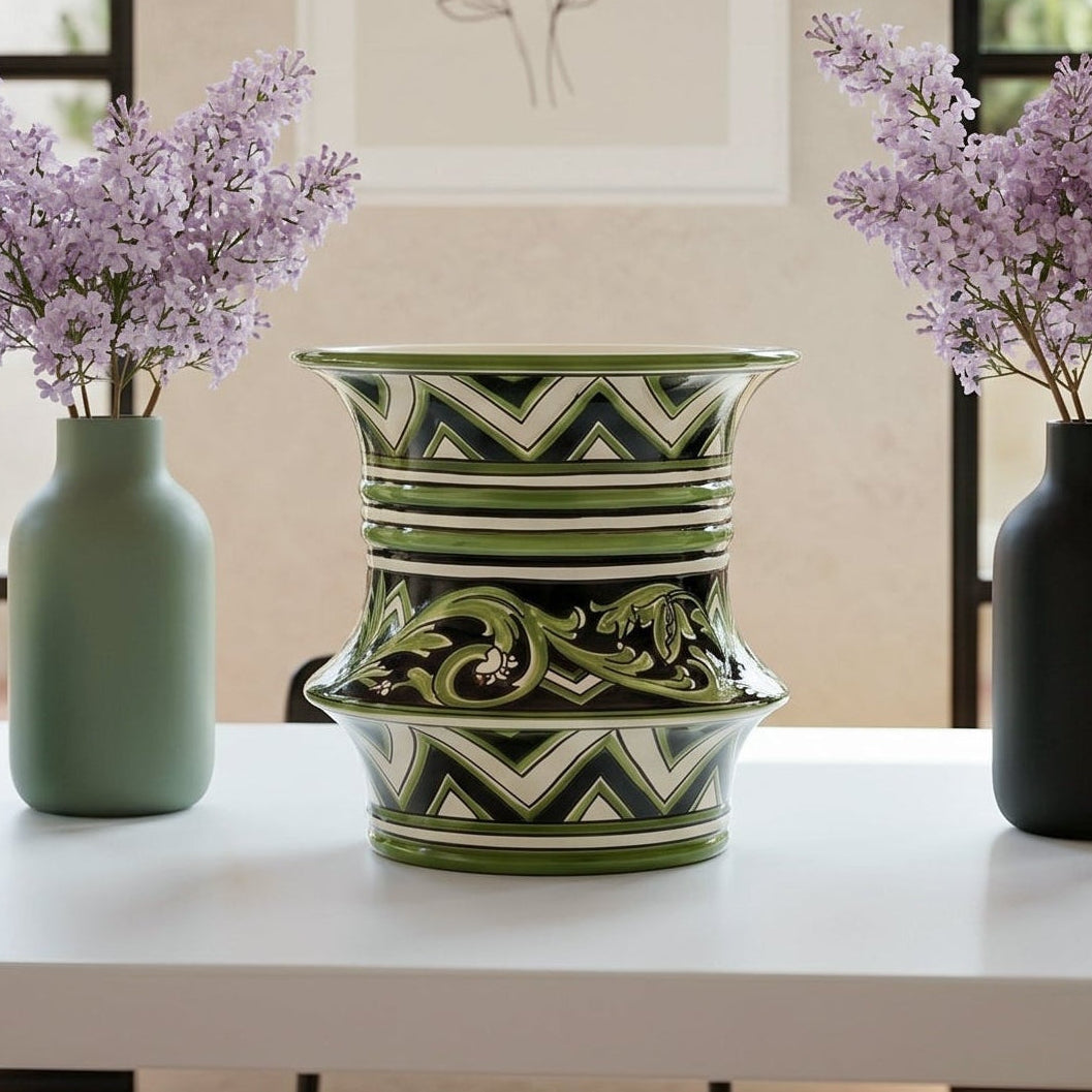 Caltagirone-Keramik Tafelaufsatz-Vase H 25 cm Ø 23 cm — Parigi-Linie Schwarz und Grün