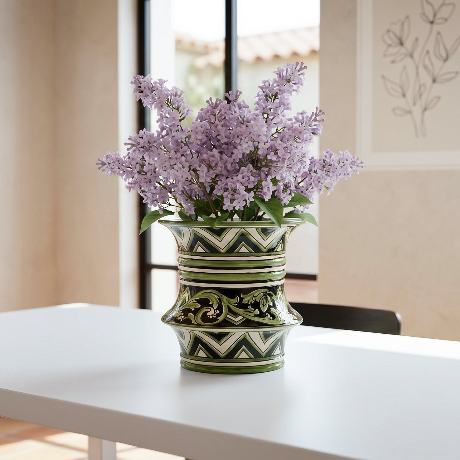 Jarrón Centro de Mesa de Cerámica de Caltagirone H 25 cm Ø 23 cm — Línea Parigi Negro y Verde