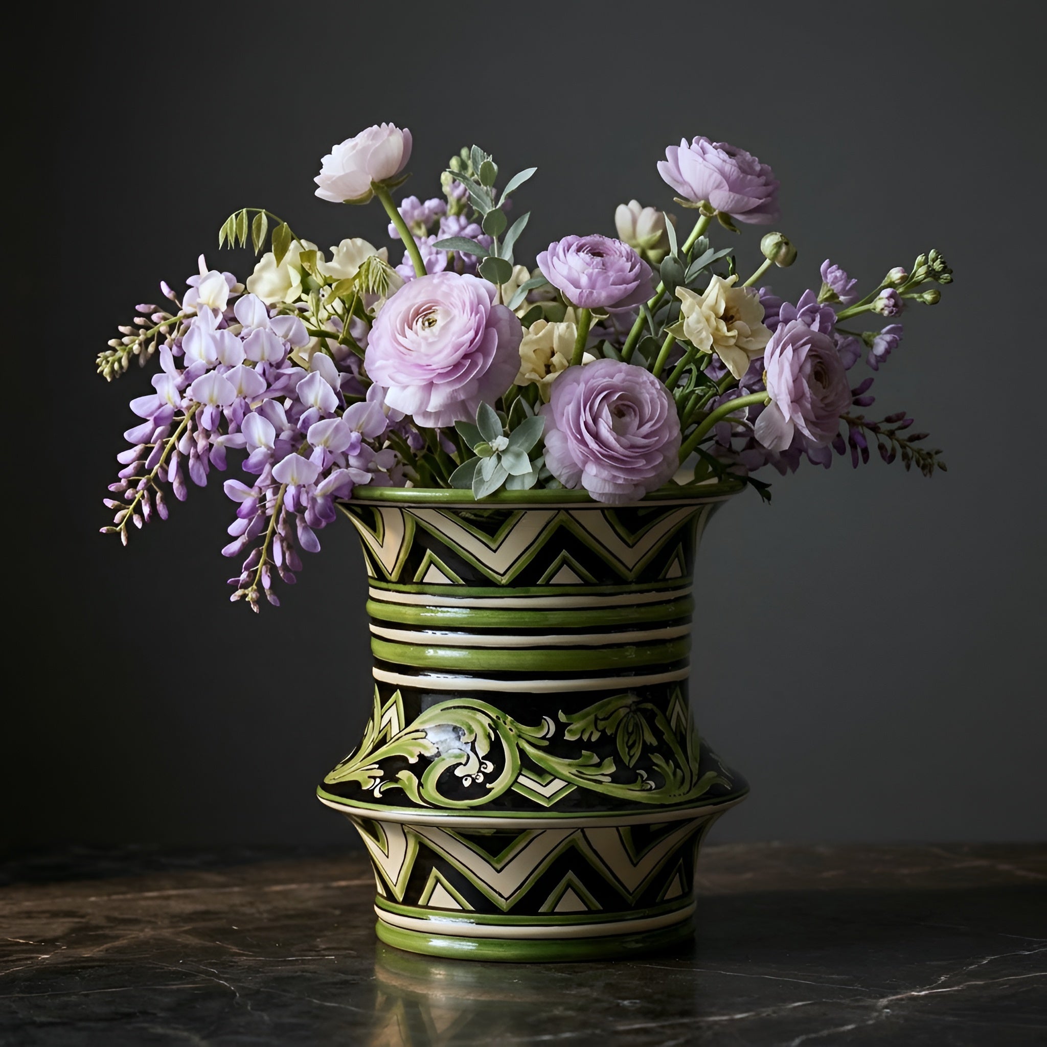 Vase en Céramique Italienne H 25 cm – Ligne Paris Noir et Vert | Majolique sicilienne de Caltagirone