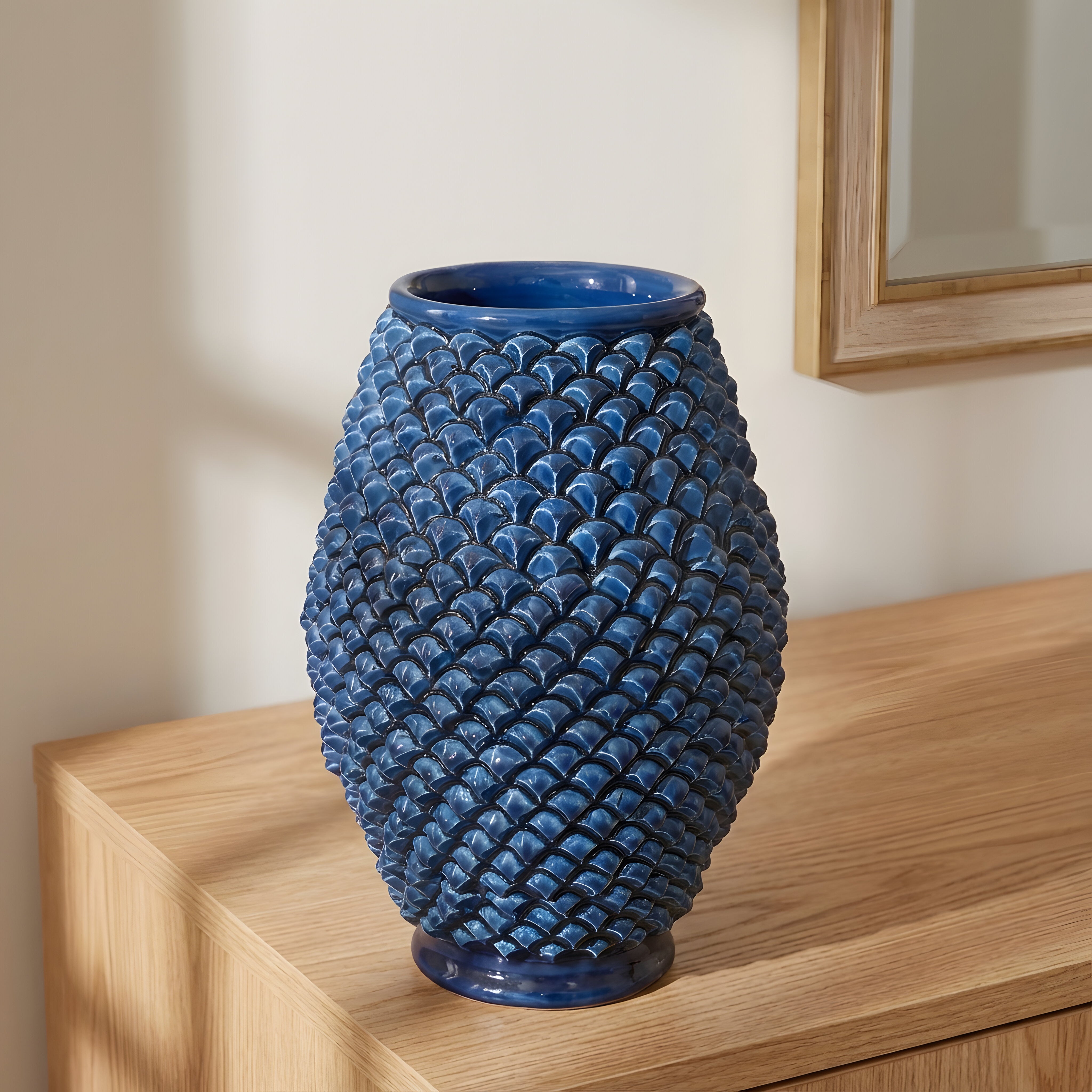 Caltagirone handmade pinecone vase modeled by hand height 25 in integral blue