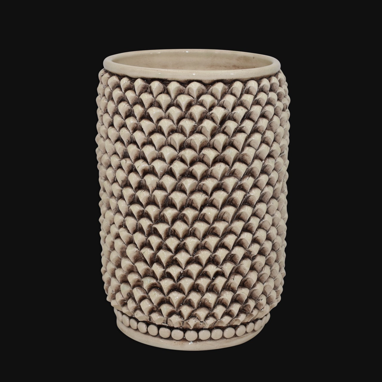 Hand-molded cylindrical pine cone vase in mother-of-pearl finish