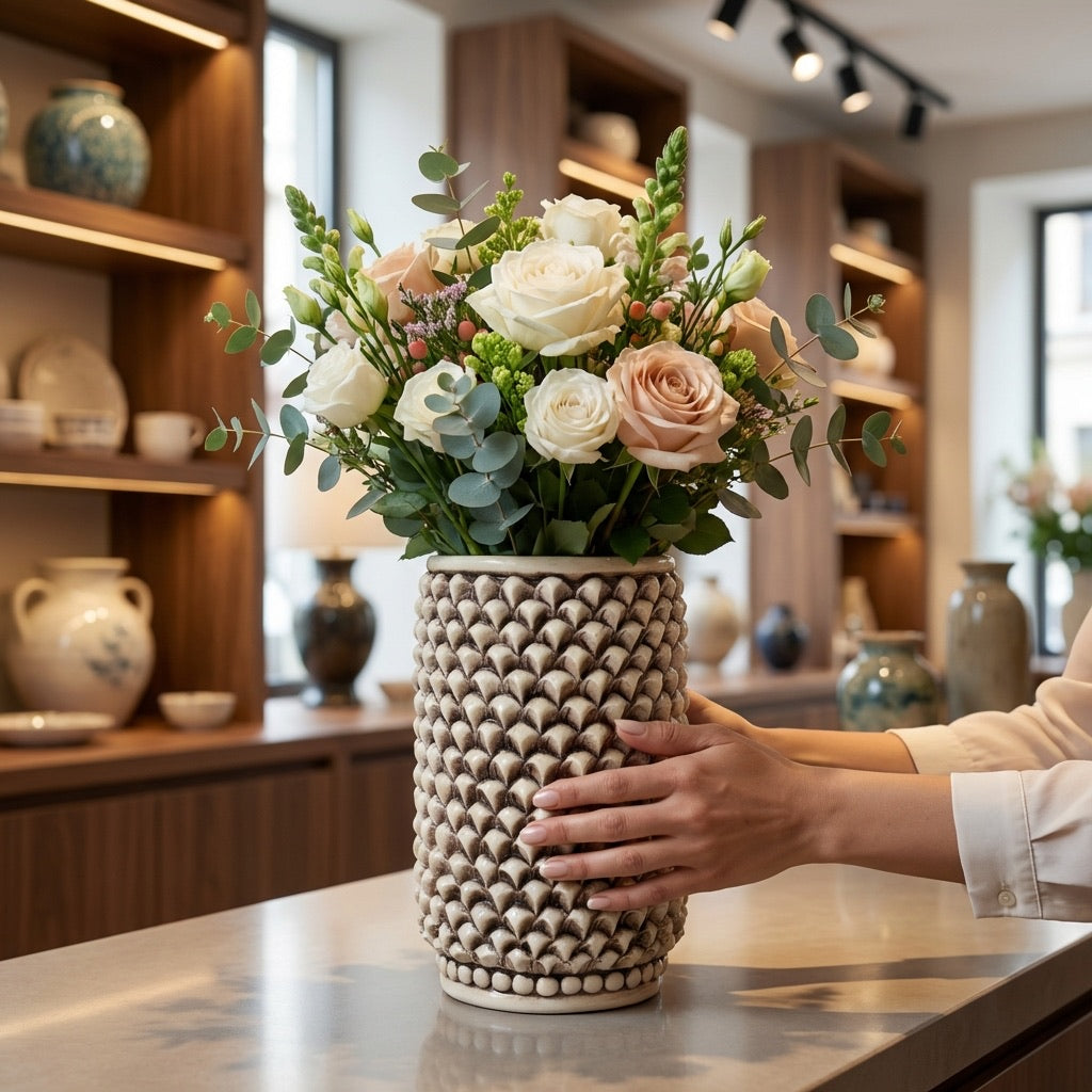 Hand-molded cylindrical pine cone vase in mother-of-pearl finish