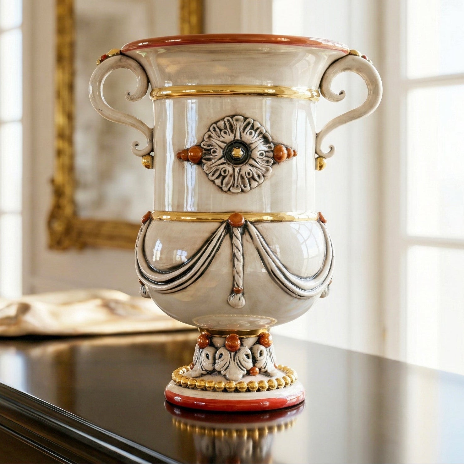 Large Italian Floor Vase H 31 cm / 12.2", Mother of Pearl – Sicilian majolica handcrafted in Caltagirone