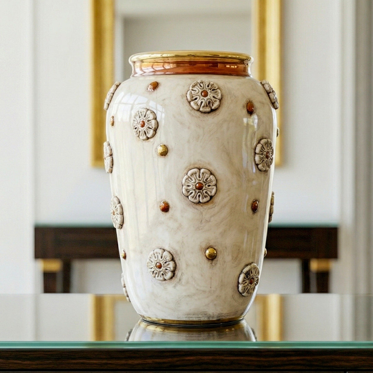 Vase avec Rosace H 37 cm, Nacre Antiquée, Or et Lustres – Céramique italienne de Caltagirone, Sicile