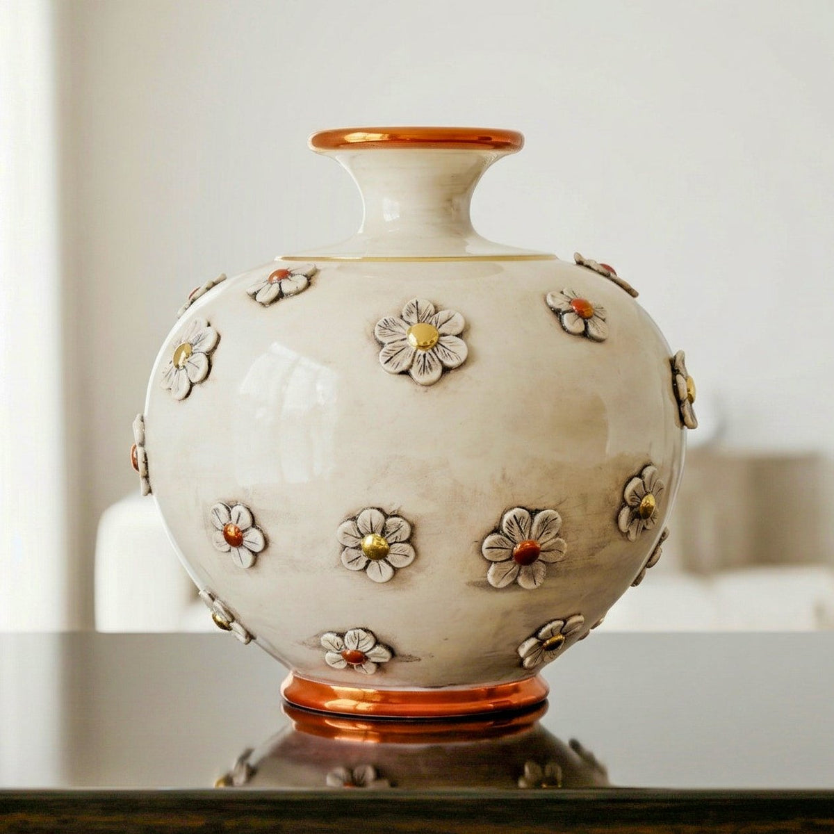 Ball Vase with Flowers H 35 cm / 13¾", Antique Mother of Pearl, Gold and Lustre – Italian ceramic from Caltagirone, Sicily