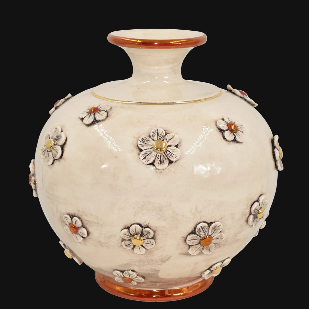 Ball Vase with Flowers H 35 cm / 13¾", Antique Mother of Pearl, Gold and Lustre – Italian ceramic from Caltagirone, Sicily