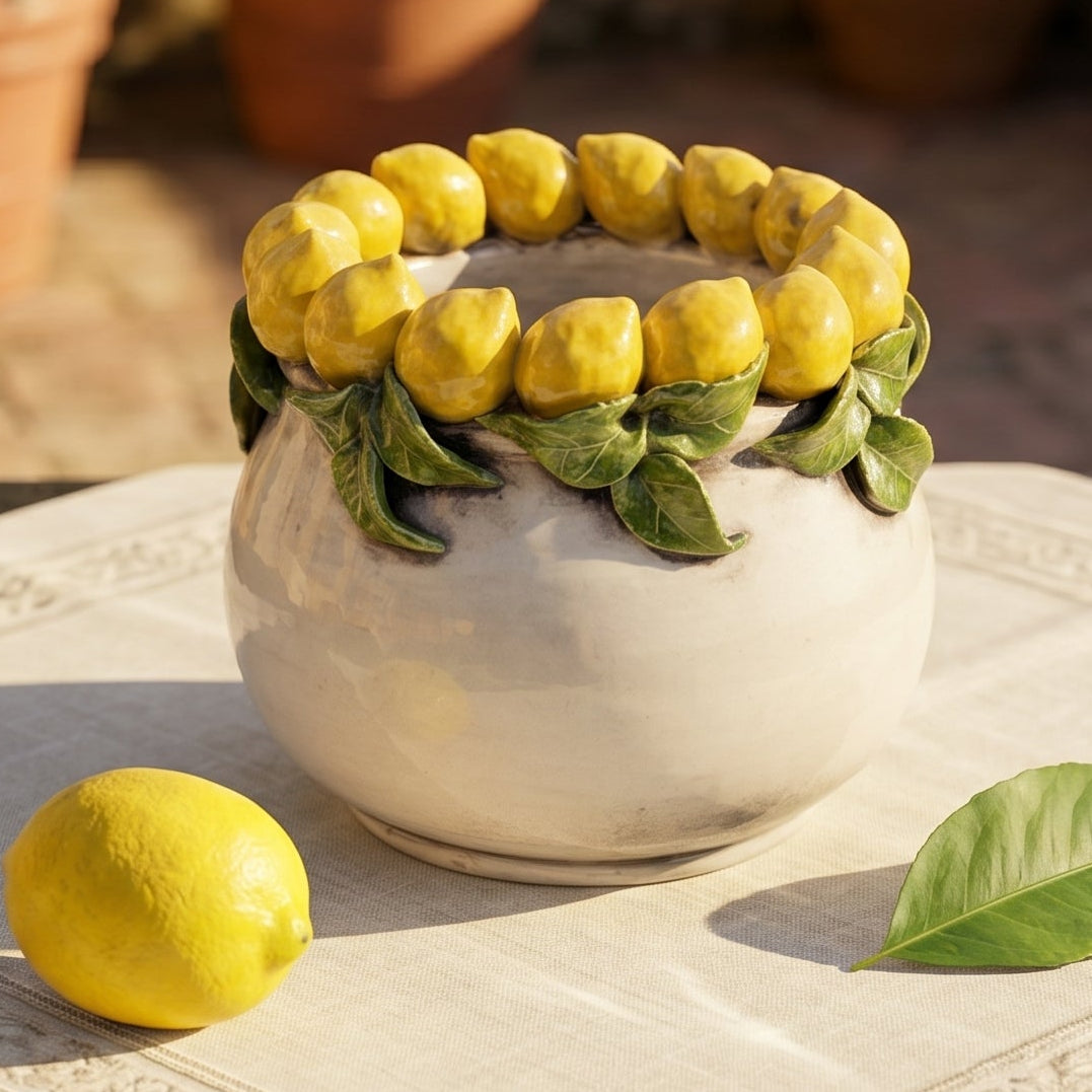 Italienische Keramikvase H 16 cm, Perlmutt – Caltagirone Keramik – sizilianisches Kunsthandwerk
