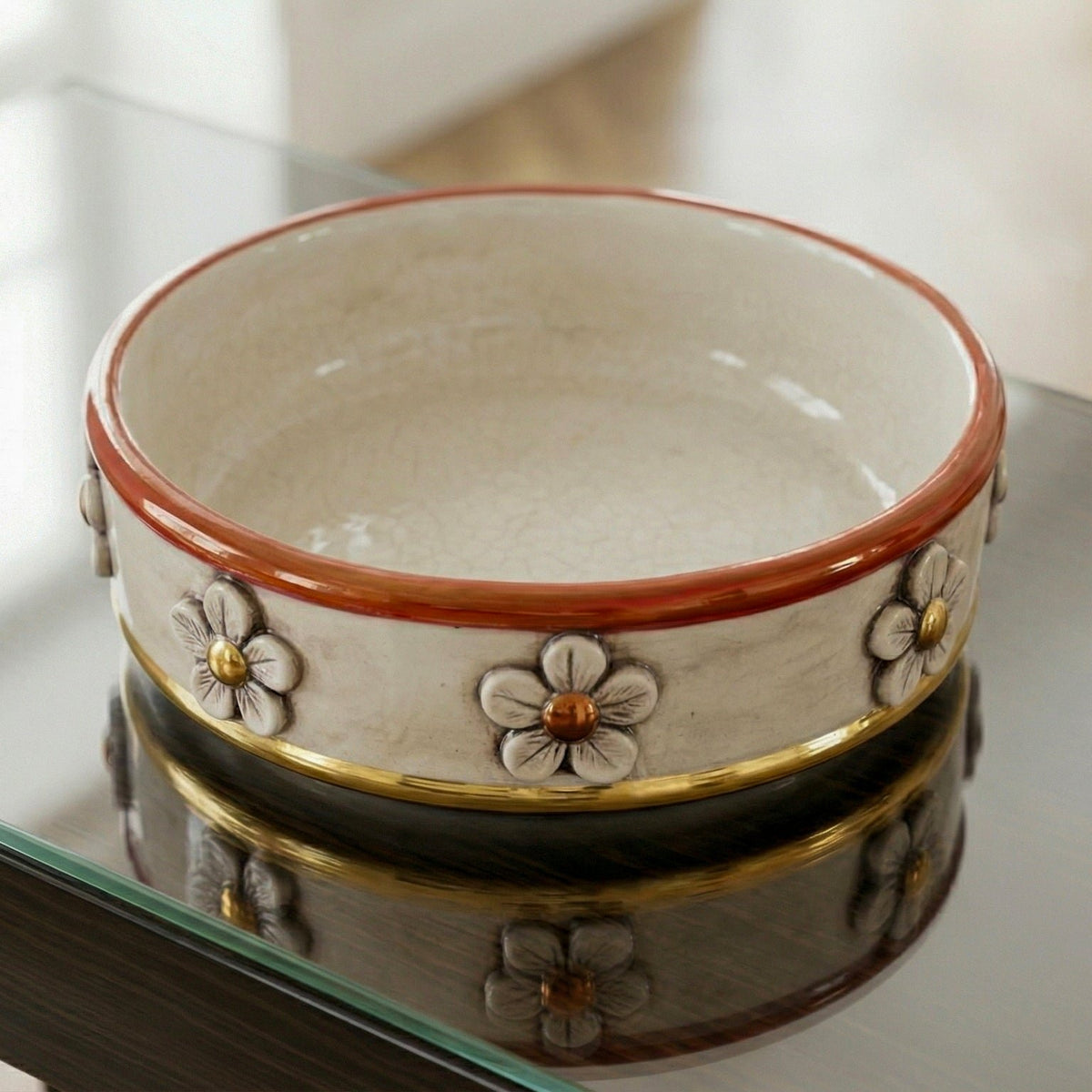 Centre de Table aux Fleurs Ø 20 cm, Nacre Antiquée, Or et Lustres – Céramique Caltagirone – artisanat sicilien