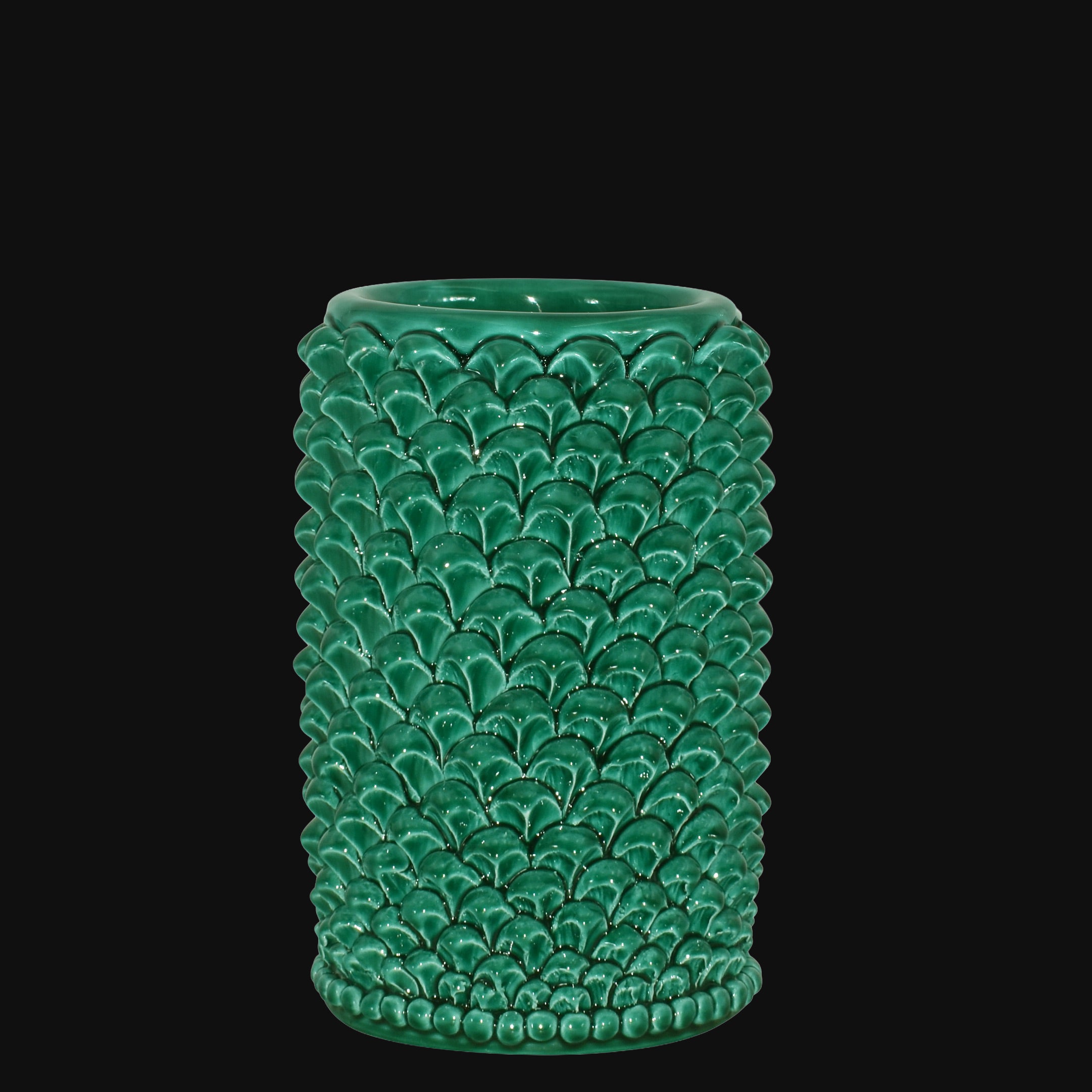 Vaso Pigna cilindro modellata a mano in verde smeraldo