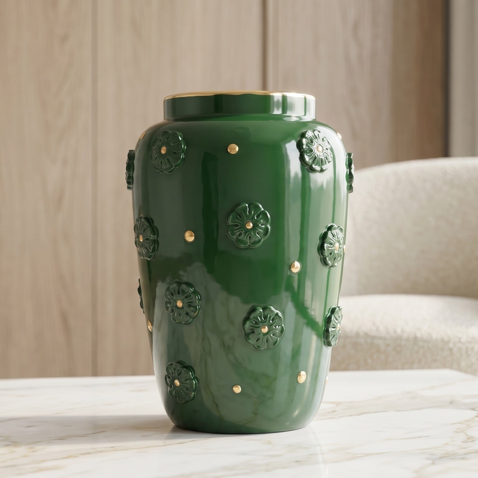 Vase with rosette h 37 antique green and gold