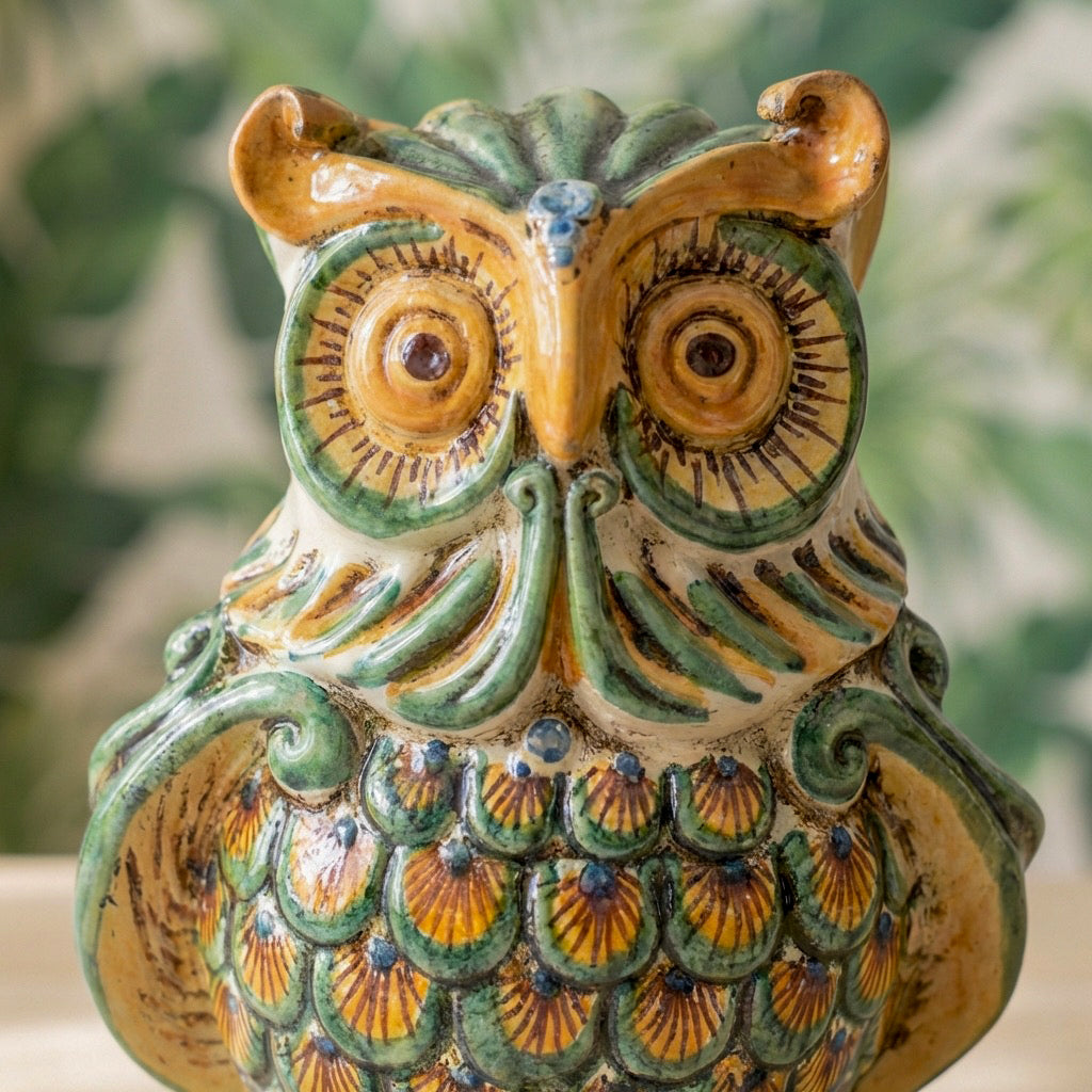Sizilianischer Eulen-Skulptur Keramik H 20 cm, Grün und Orange – Italienische Keramik aus Caltagirone, Sizilien