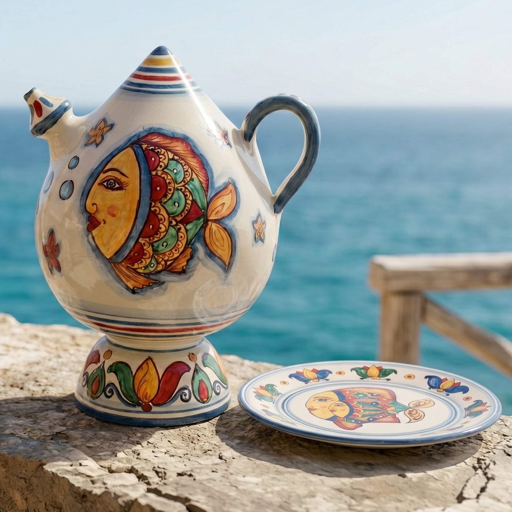 Bummulu de Caltagirone H 25 cm – Décor Poissons | Céramique italienne de Caltagirone, Sicile