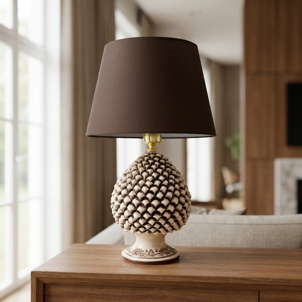 Handcrafted pine cone lamp with antique mother-of-pearl finish
