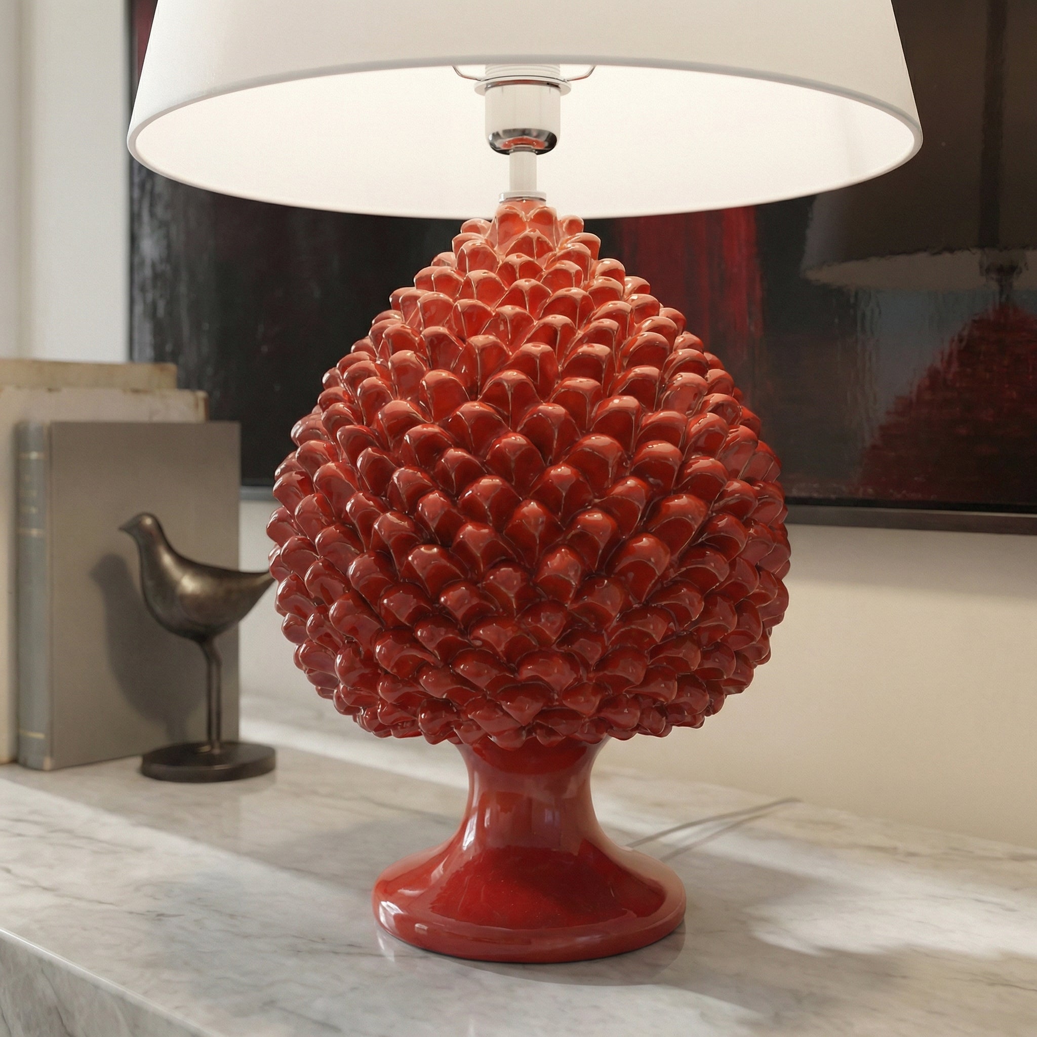 Handcrafted fiery red pine cone lamp