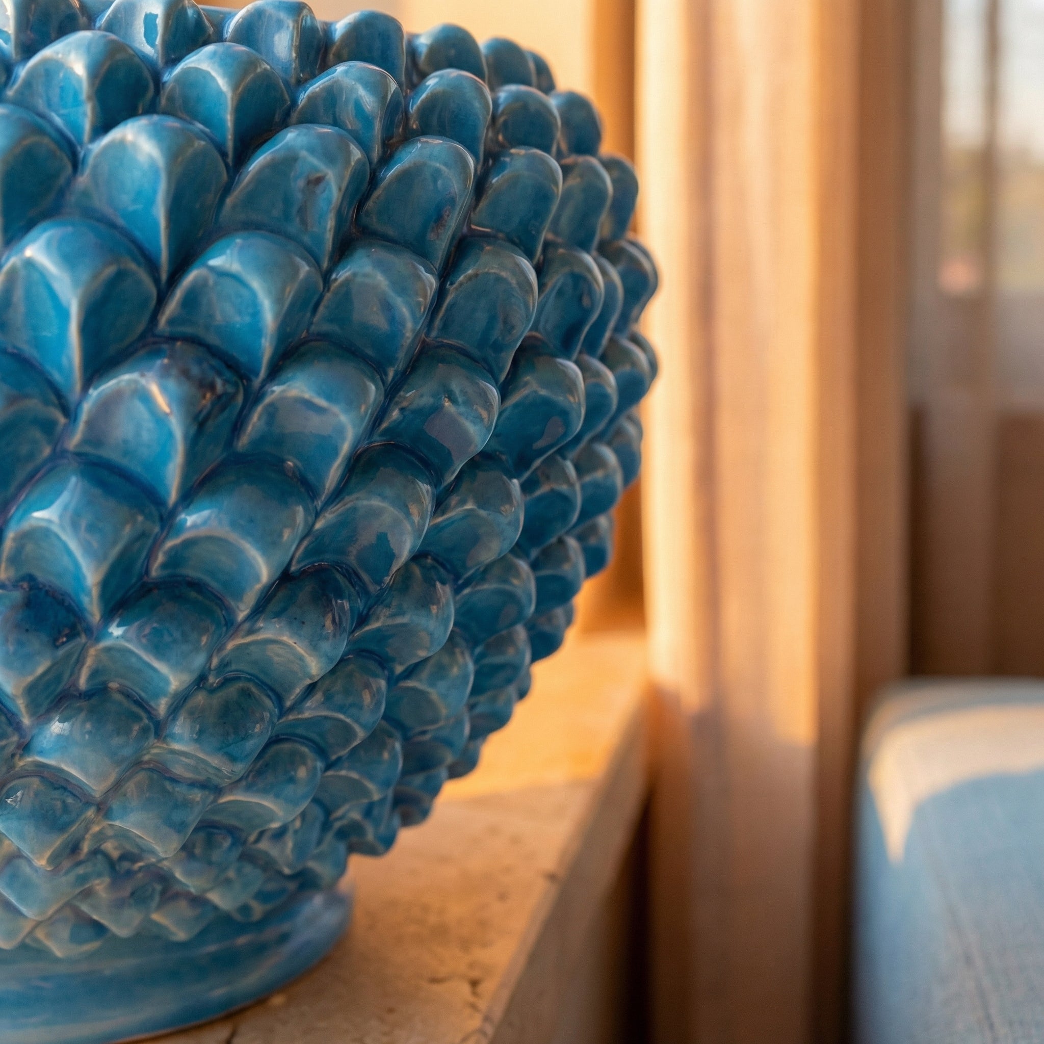 Handmade turquoise pine cone cachepot from Caltagirone