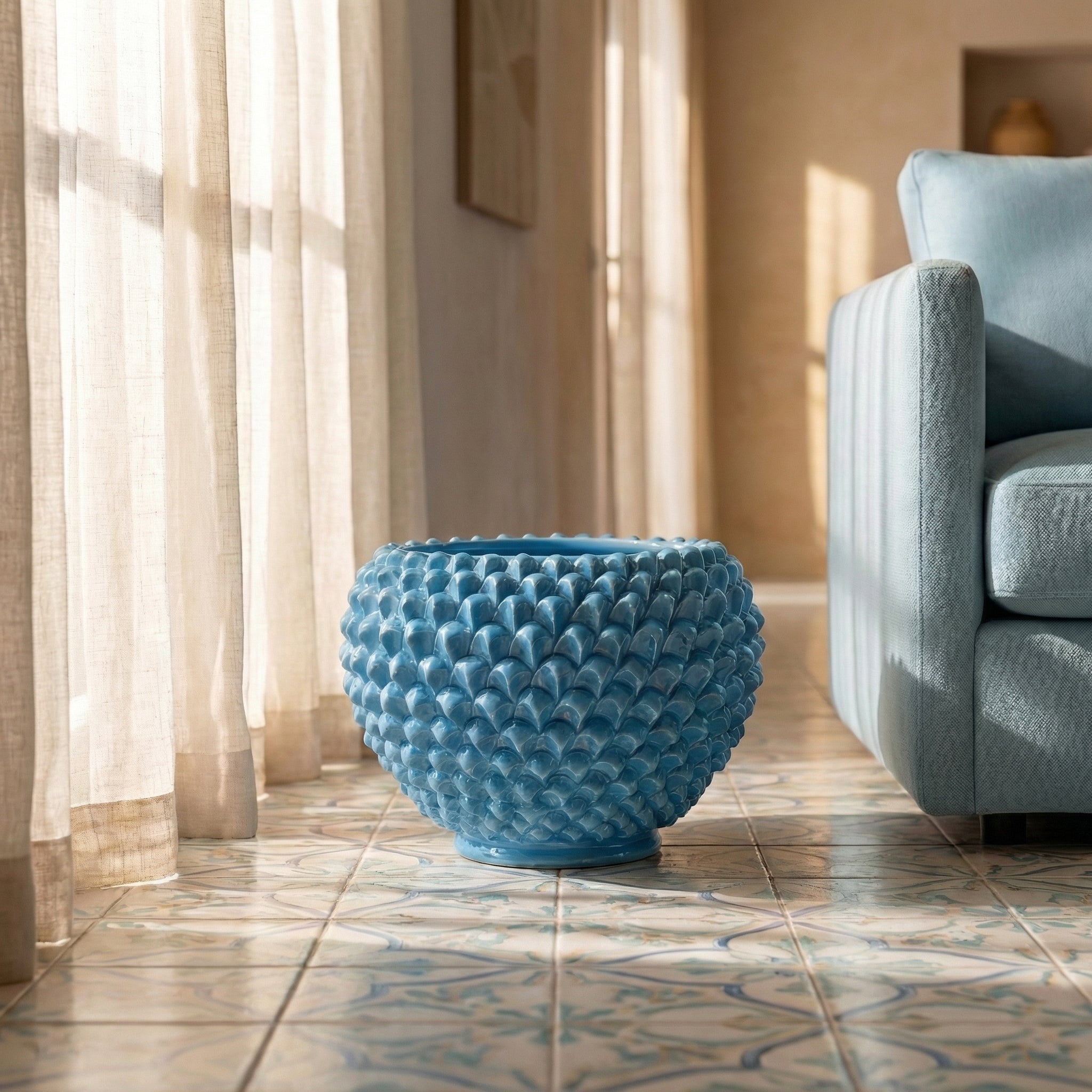 Handmade turquoise pine cone cachepot from Caltagirone