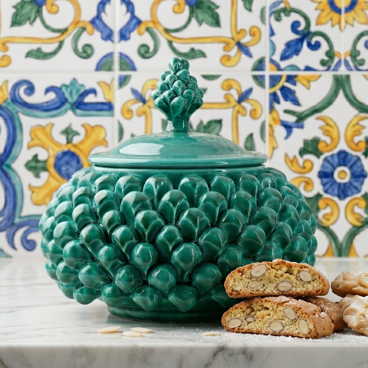Sicilian Pine Cone Cookie Jar Ø 20 cm / Ø 7.9", Emerald Green – Sicilian tradition from Caltagirone