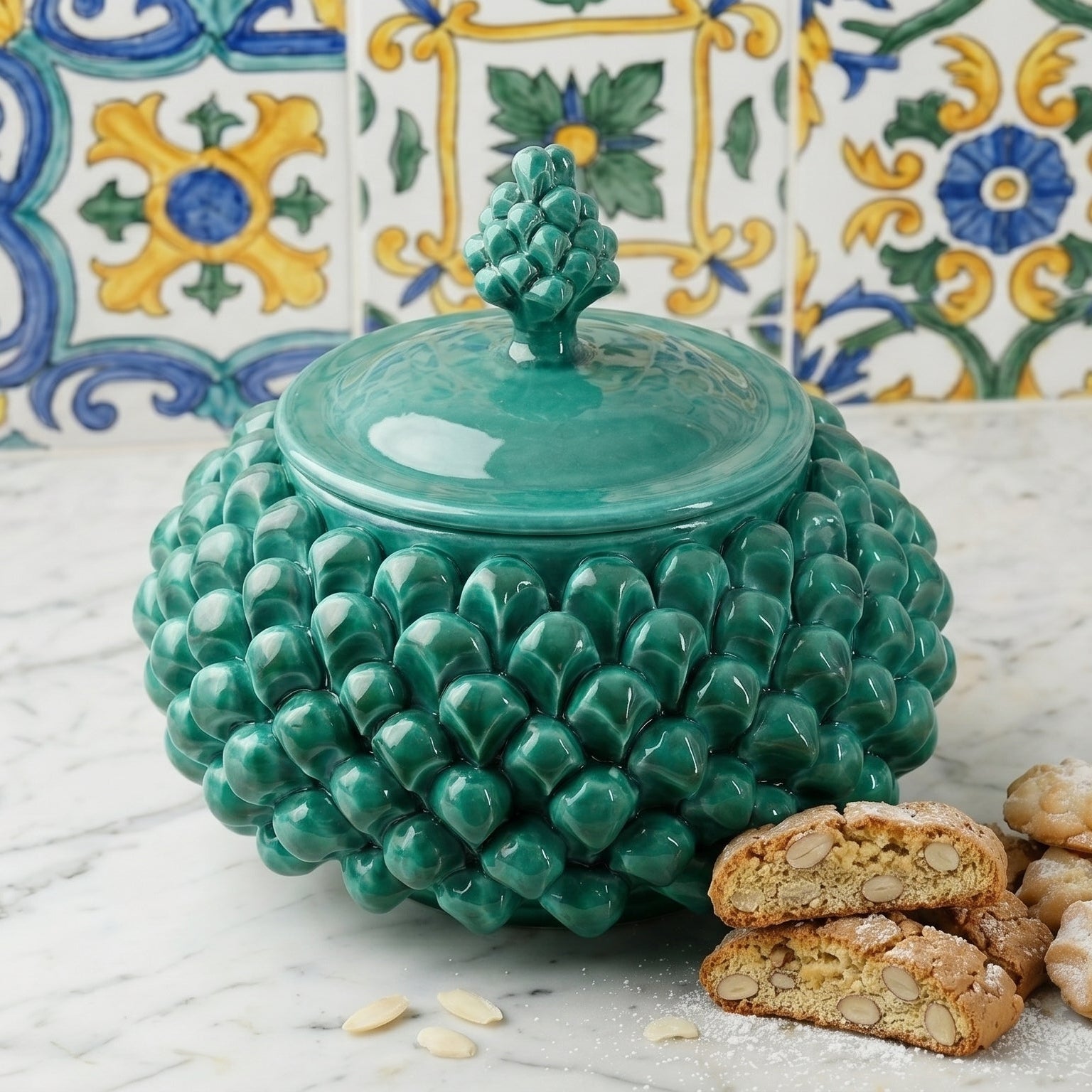 Sicilian Pine Cone Cookie Jar Ø 20 cm / Ø 7.9", Emerald Green – Sicilian tradition from Caltagirone